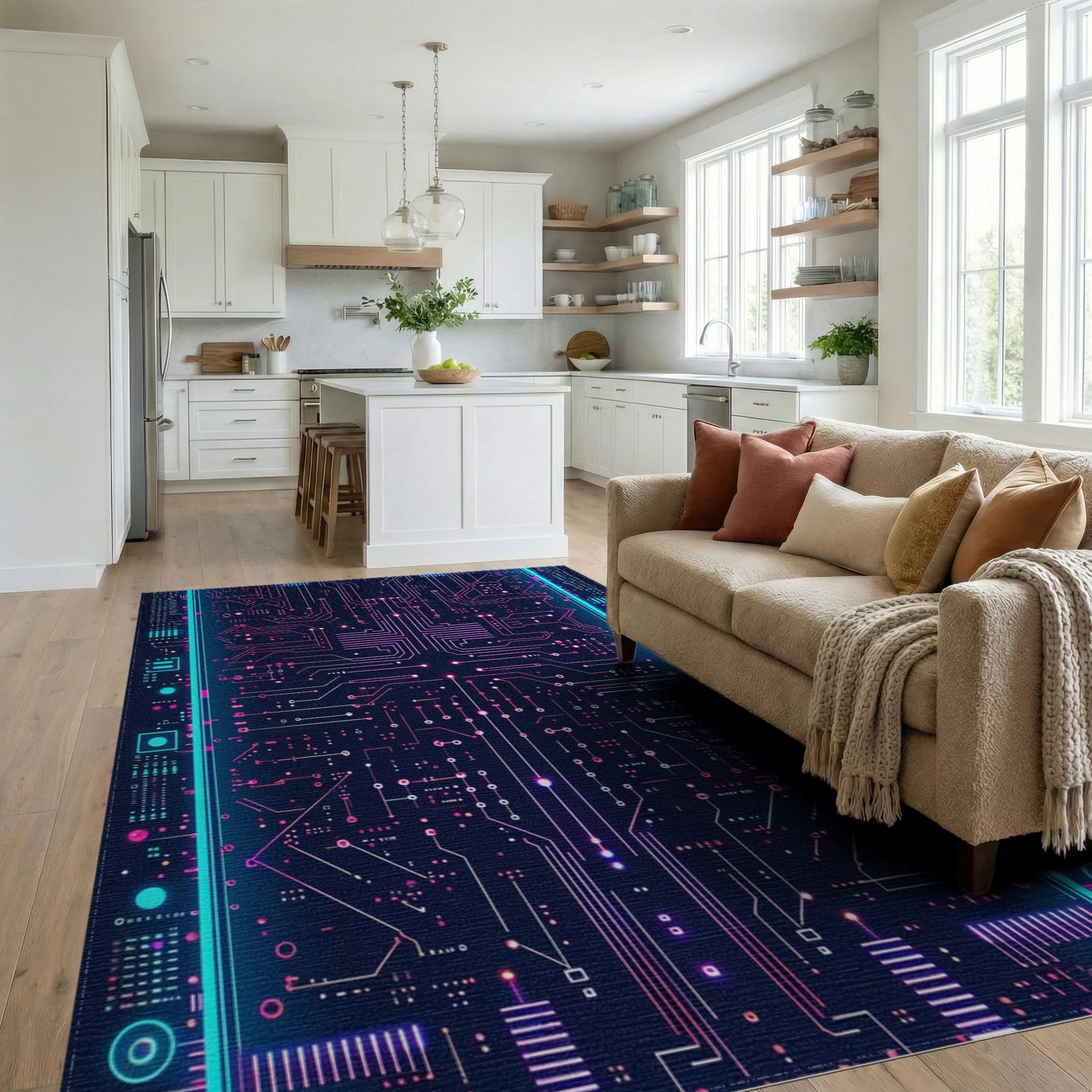 Neon Cyber Circuit Board Rug - Living Room View