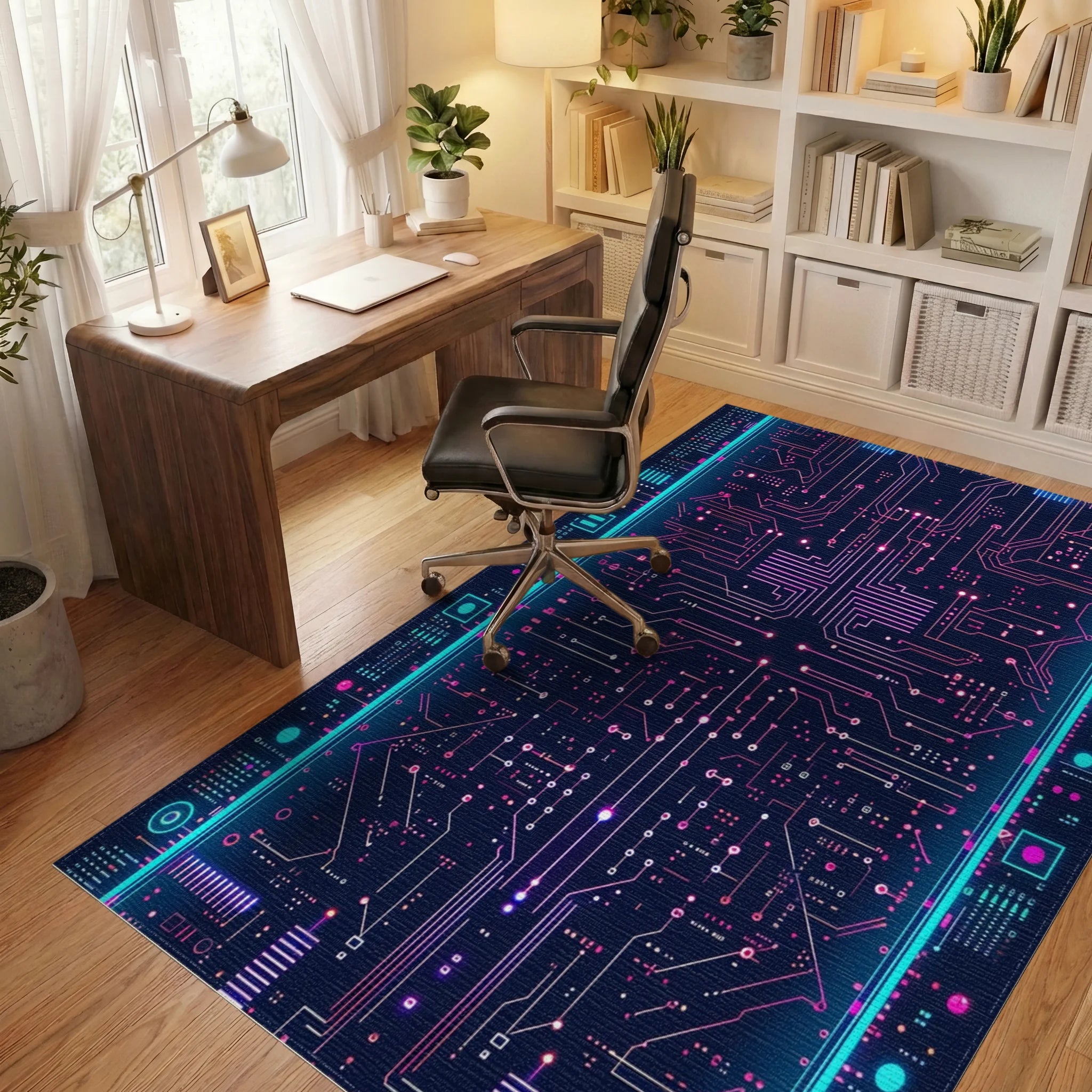 Neon Cyber Circuit Board Rug - Office View