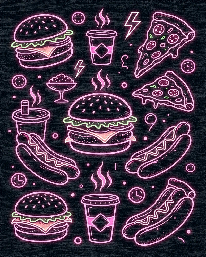 Neon Fast Food Hamburger Pizza Hotdog Rug - Cutout View