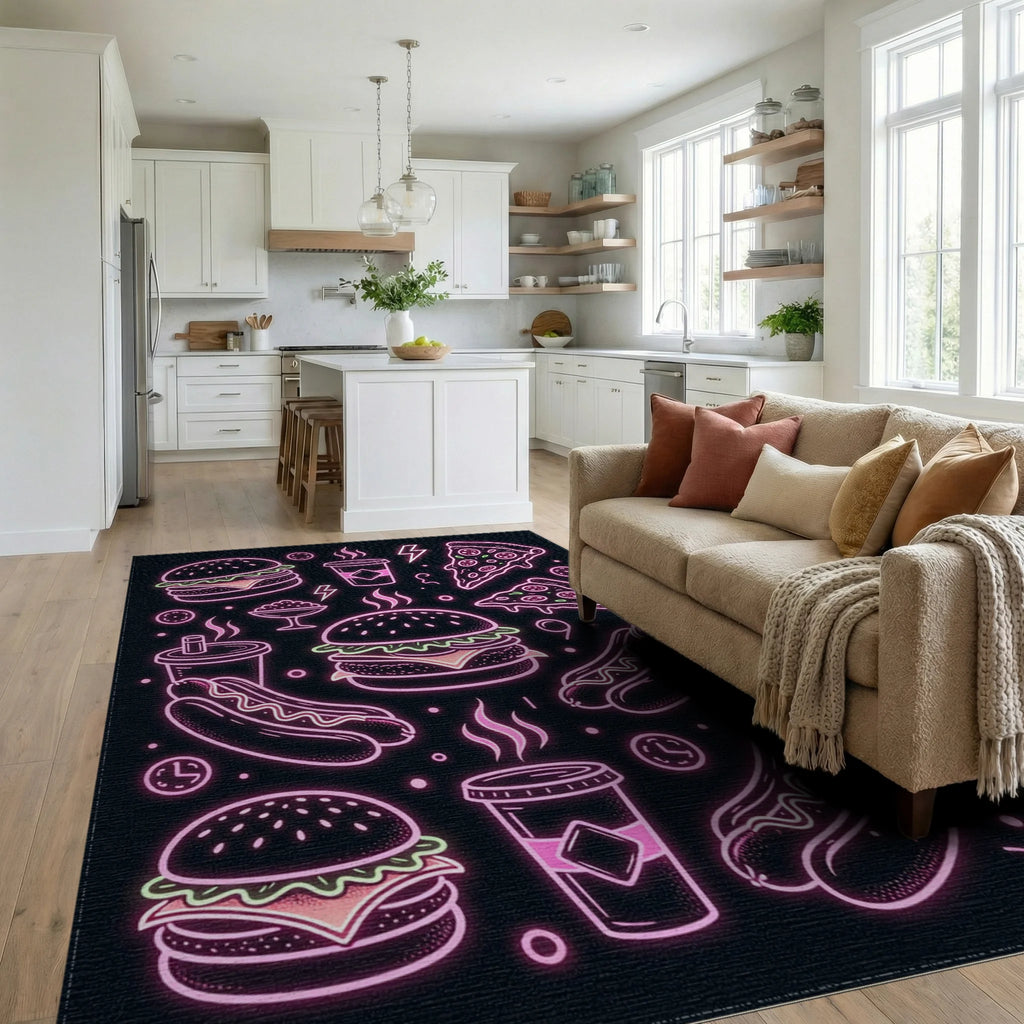 Neon Fast Food Hamburger Pizza Hotdog Rug Living Room View