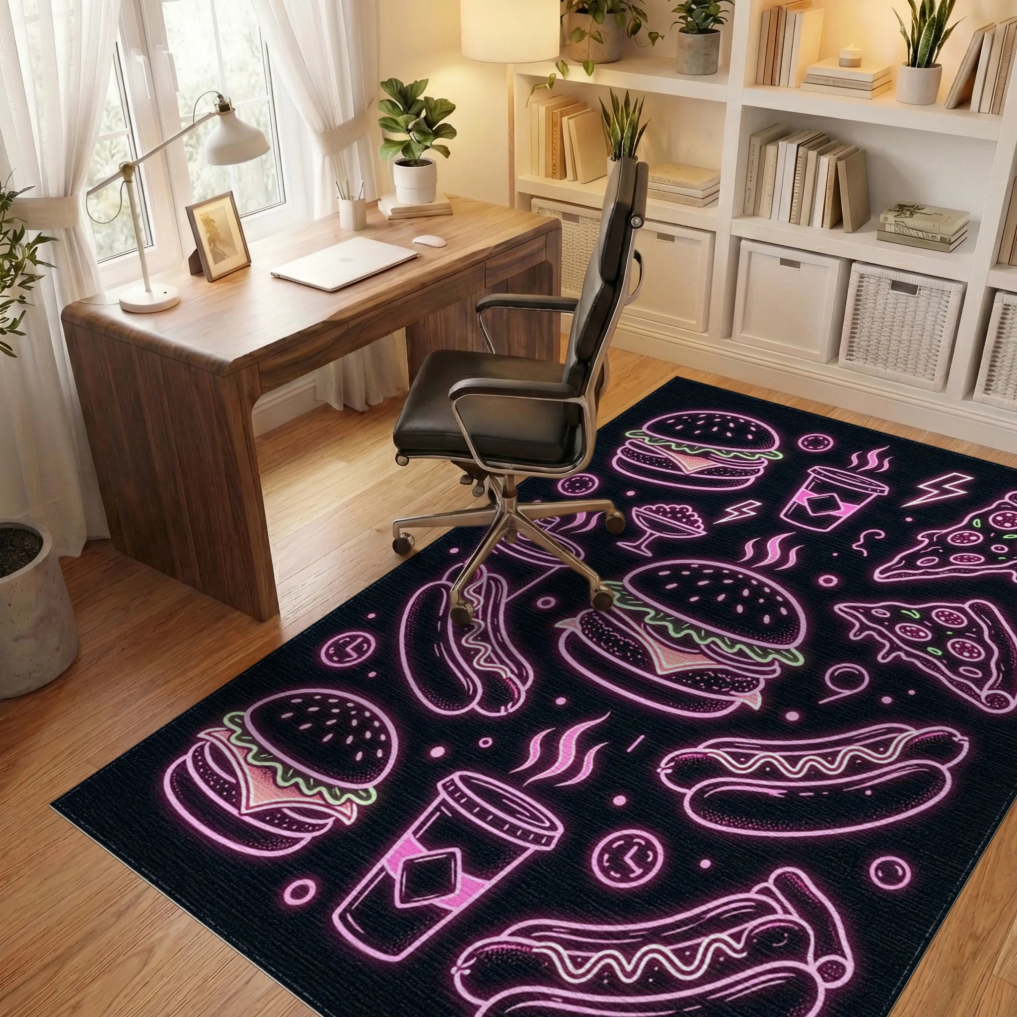 Neon Fast Food Hamburger Pizza Hotdog Rug Office View