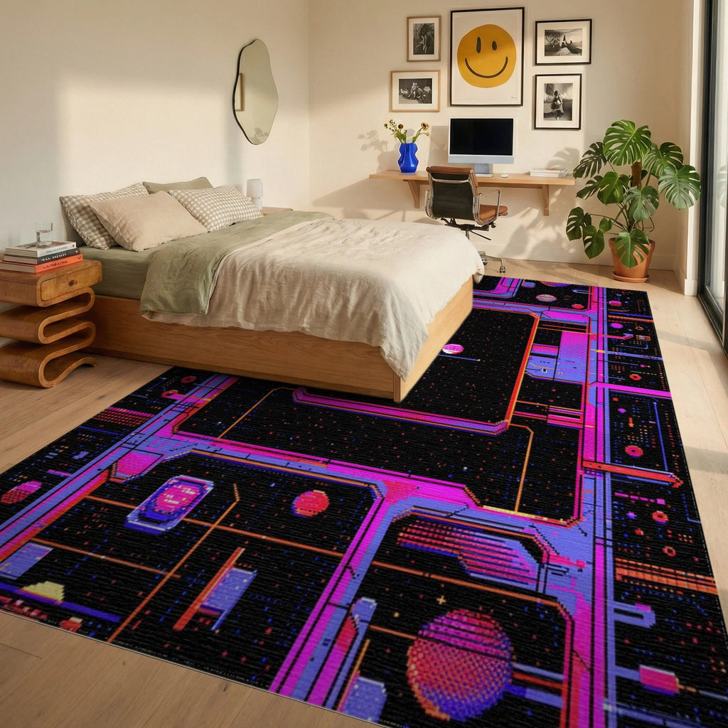 Neon Geometric Space Grid Rug - Bedroom View