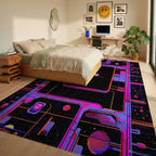 Neon Geometric Space Grid Rug - Bedroom View