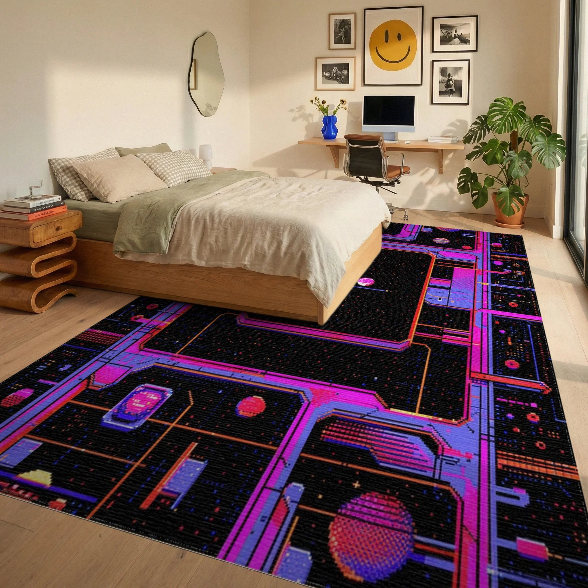 Neon Geometric Space Grid Rug - Bedroom View