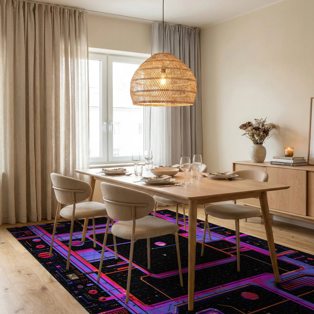 Neon Geometric Space Grid Rug - Dining Room View