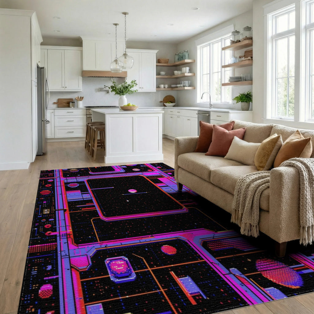 Neon Geometric Space Grid Rug - Living Room View