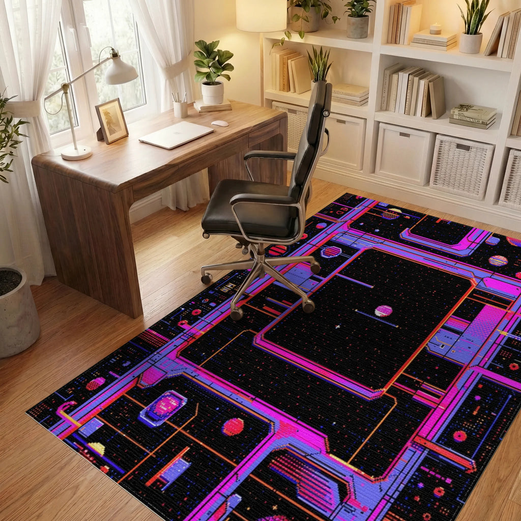 Neon Geometric Space Grid Rug - Office View