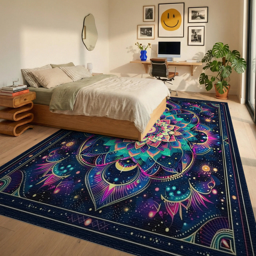 Neon Mandala Cosmic Floral Rug - Bedroom View