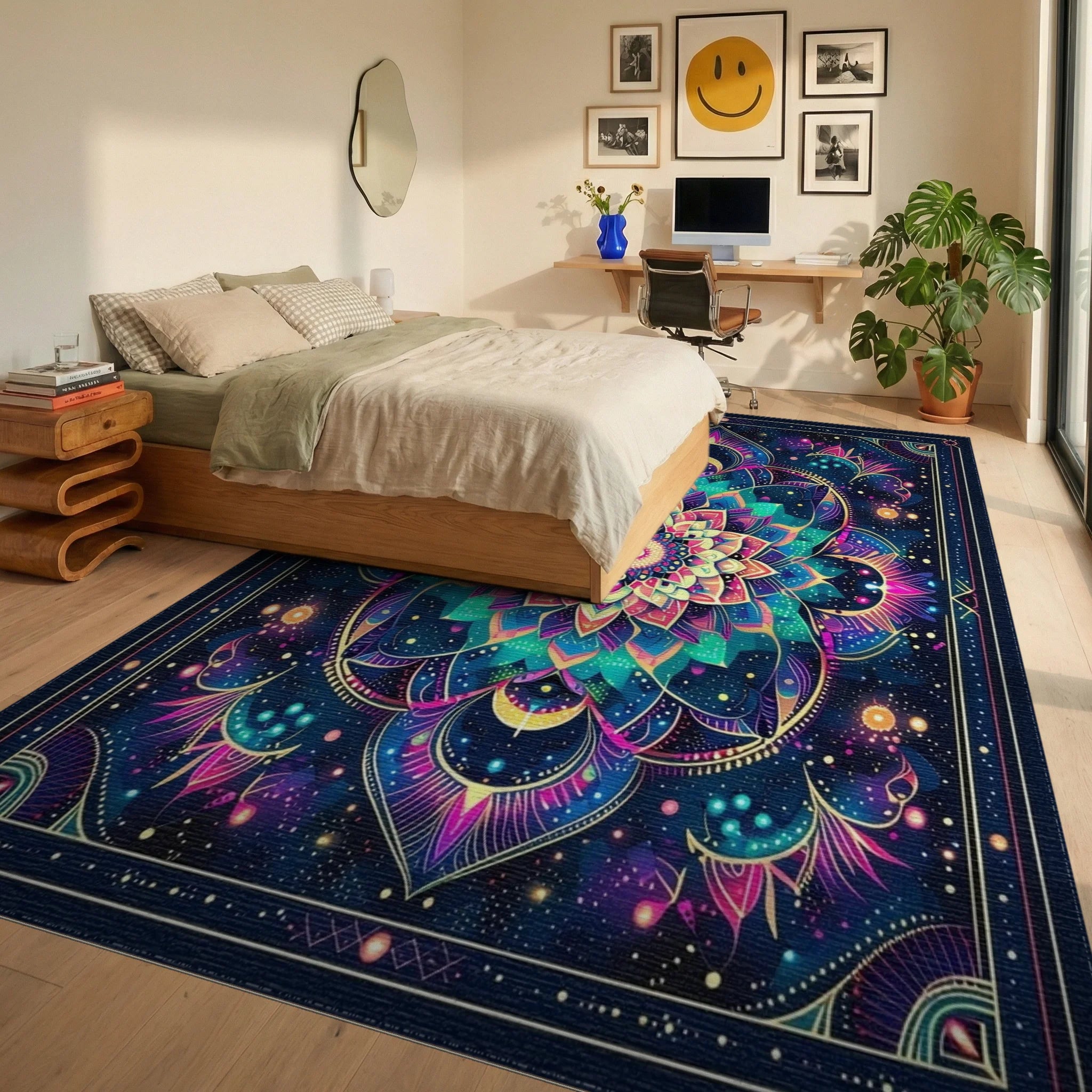 Neon Mandala Cosmic Floral Rug - Bedroom View