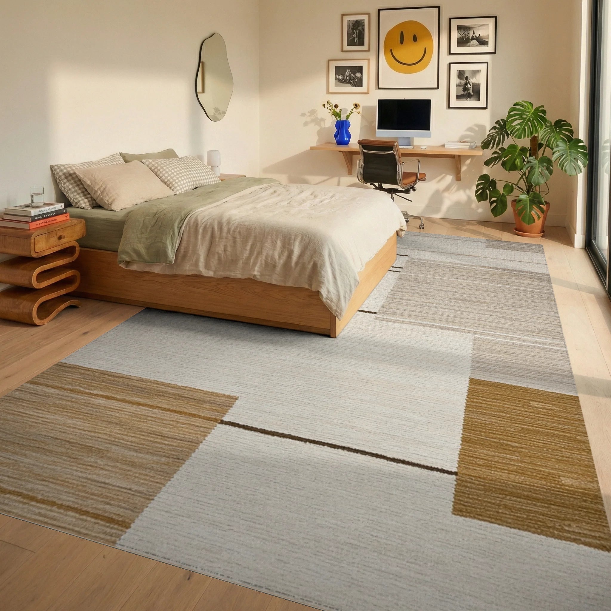 Neutral Abstract Geometric Stripe Rug - Bedroom View