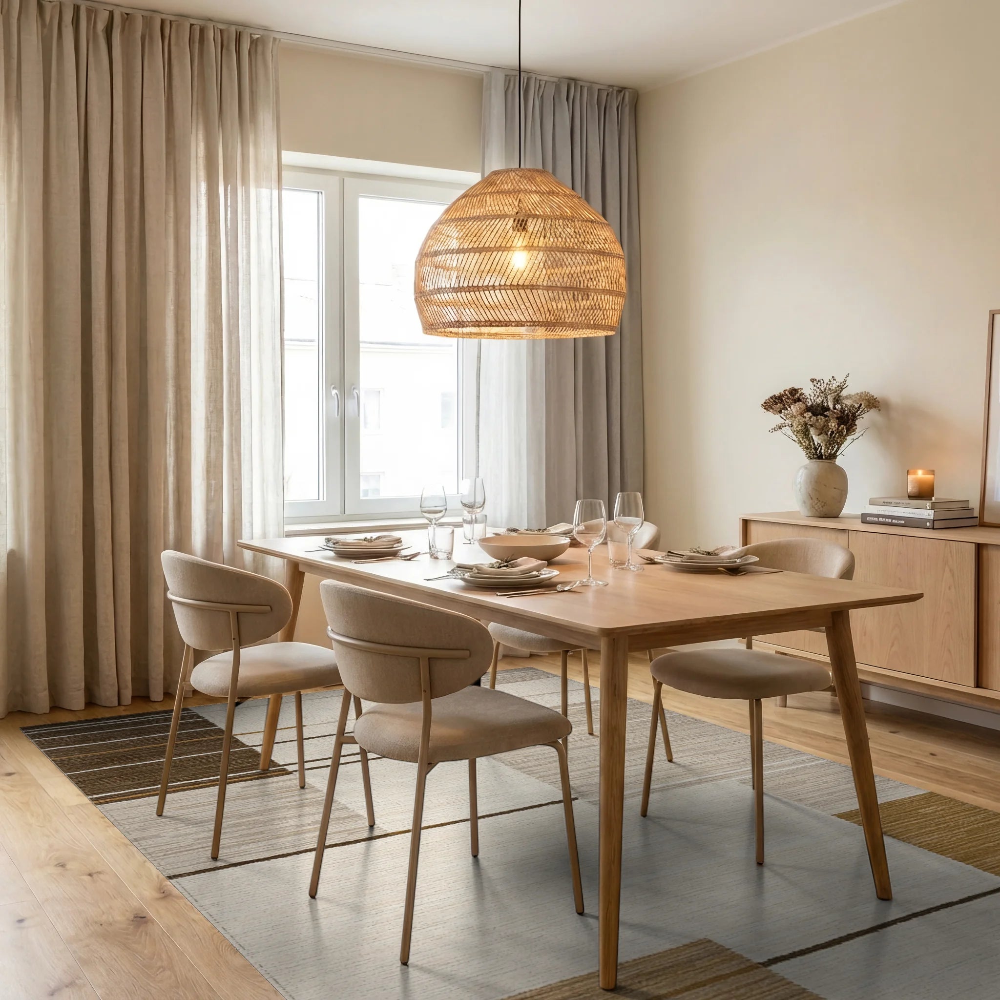 Neutral Abstract Geometric Stripe Rug - Dining Room View