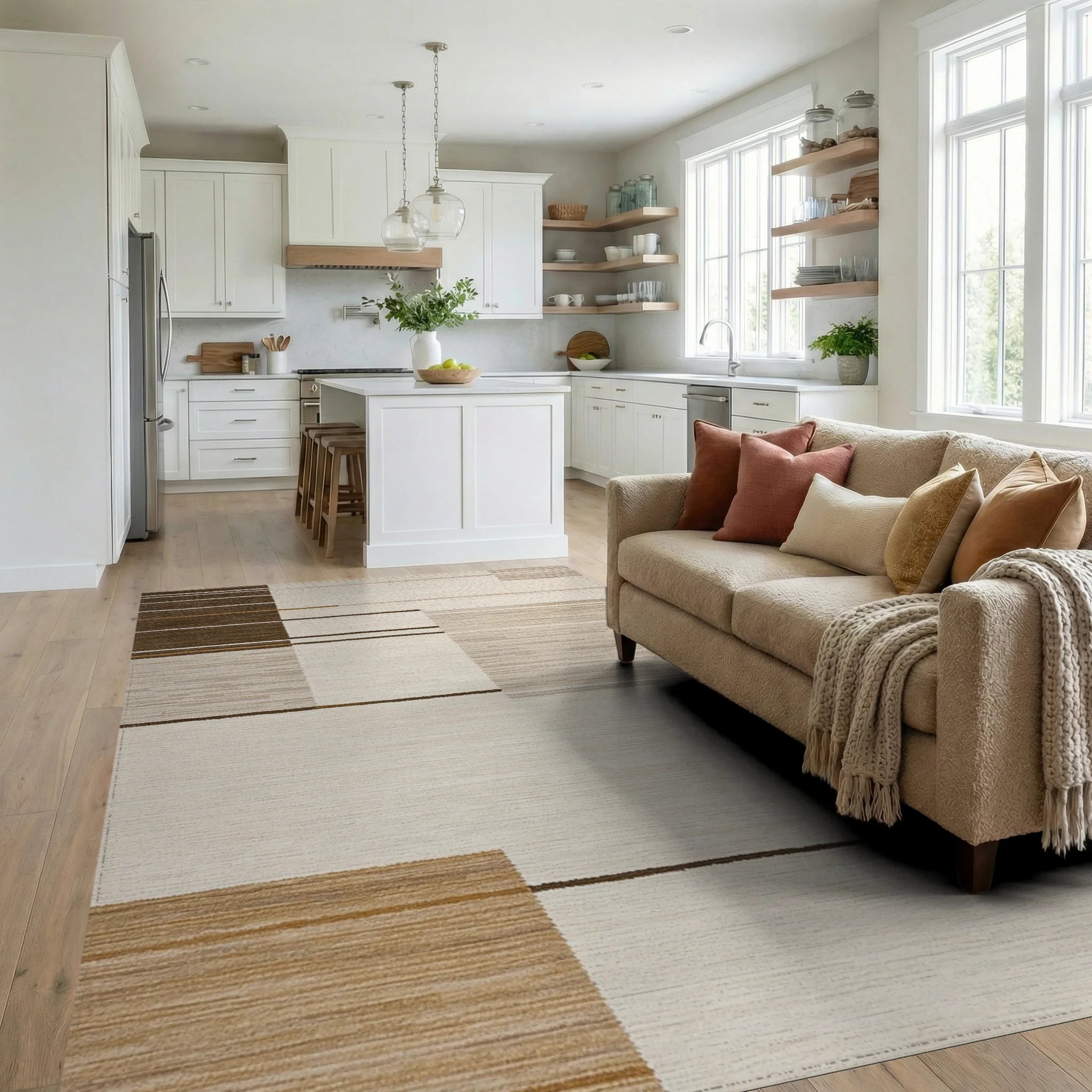 Neutral Abstract Geometric Stripe Rug - Living Room View