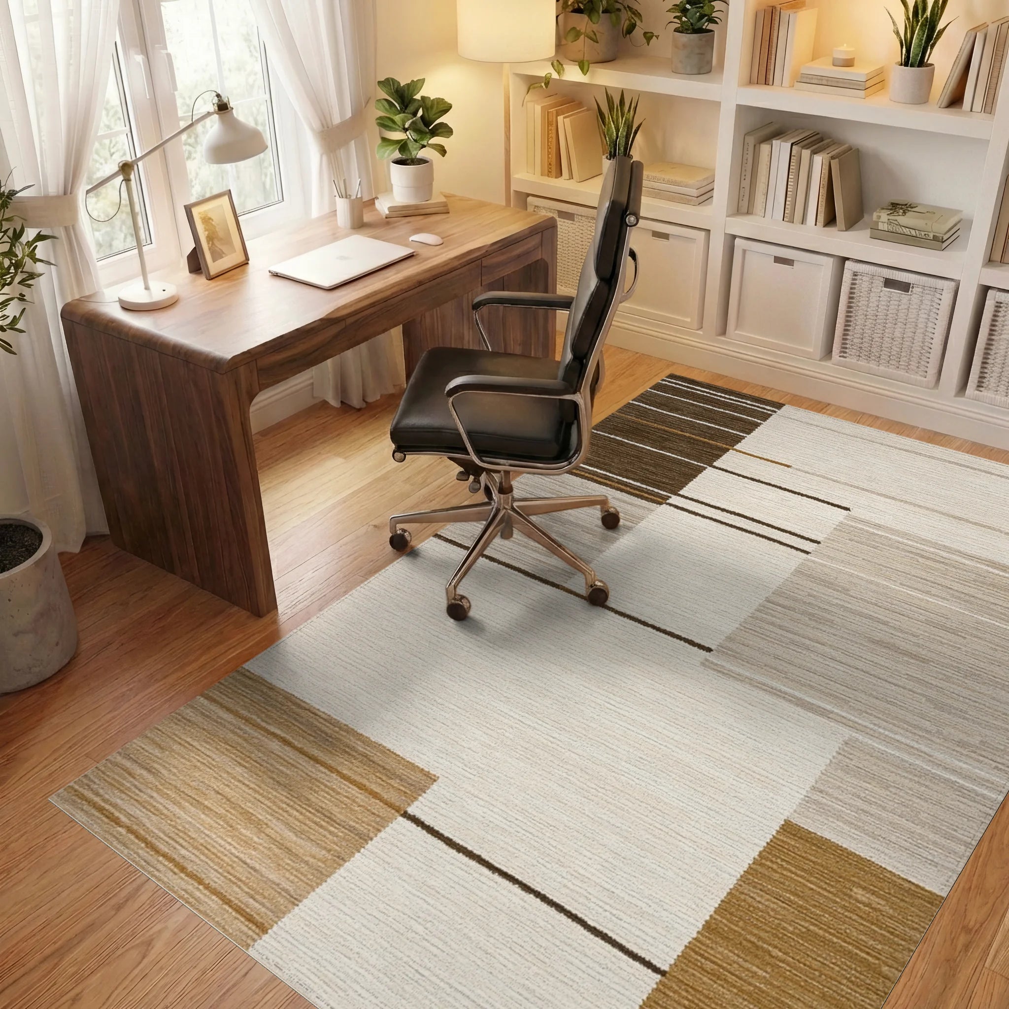 Neutral Abstract Geometric Stripe Rug - Office View