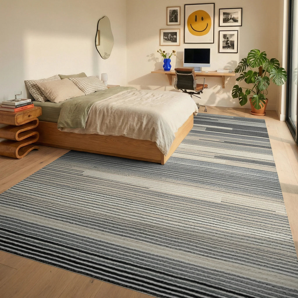 Neutral Abstract Horizontal Stripe Rug - Bedroom View