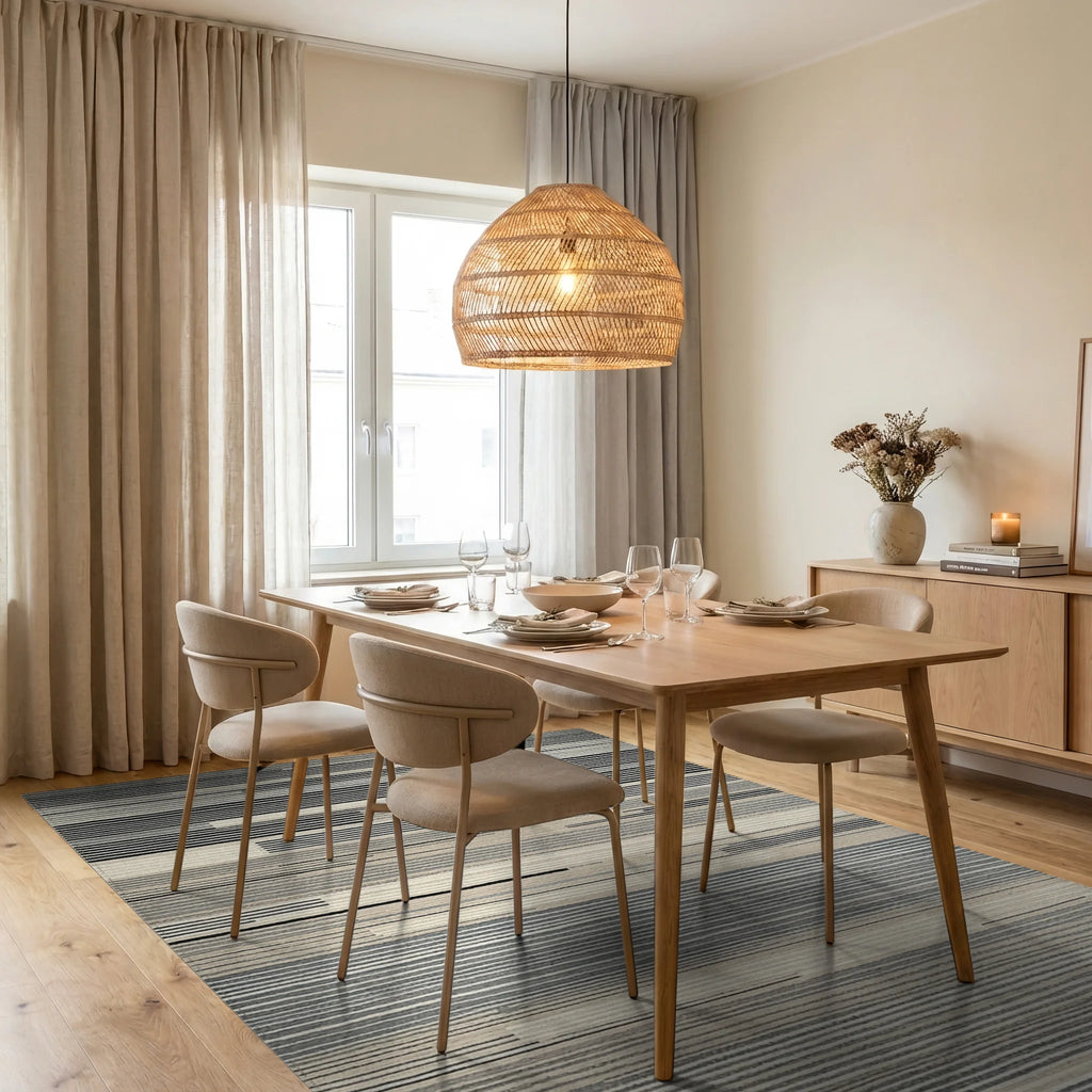 Neutral Abstract Horizontal Stripe Rug - Dining Room View