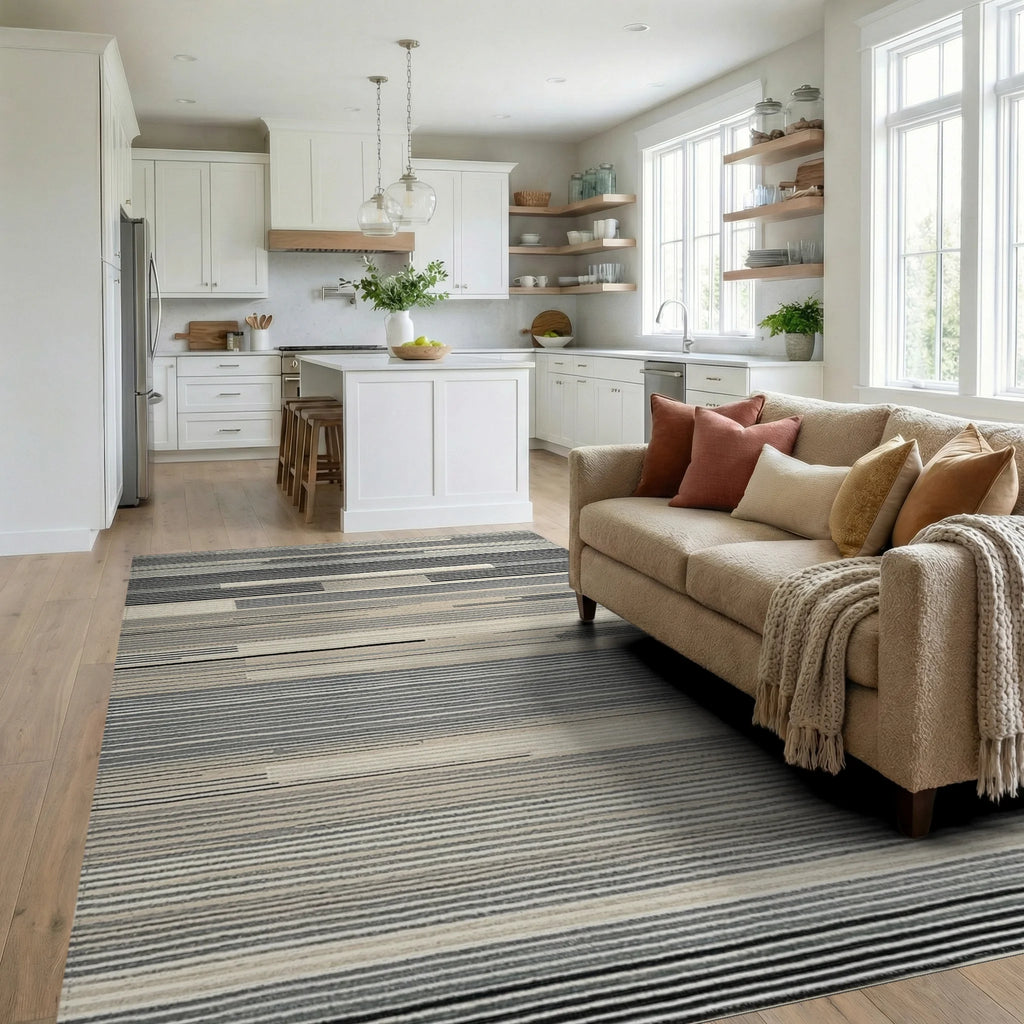 Neutral Abstract Horizontal Stripe Rug - Living Room View