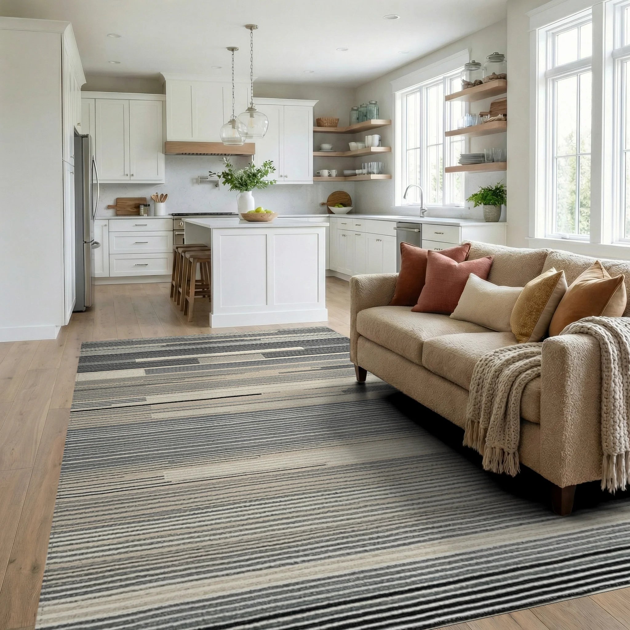Neutral Abstract Horizontal Stripe Rug - Living Room View