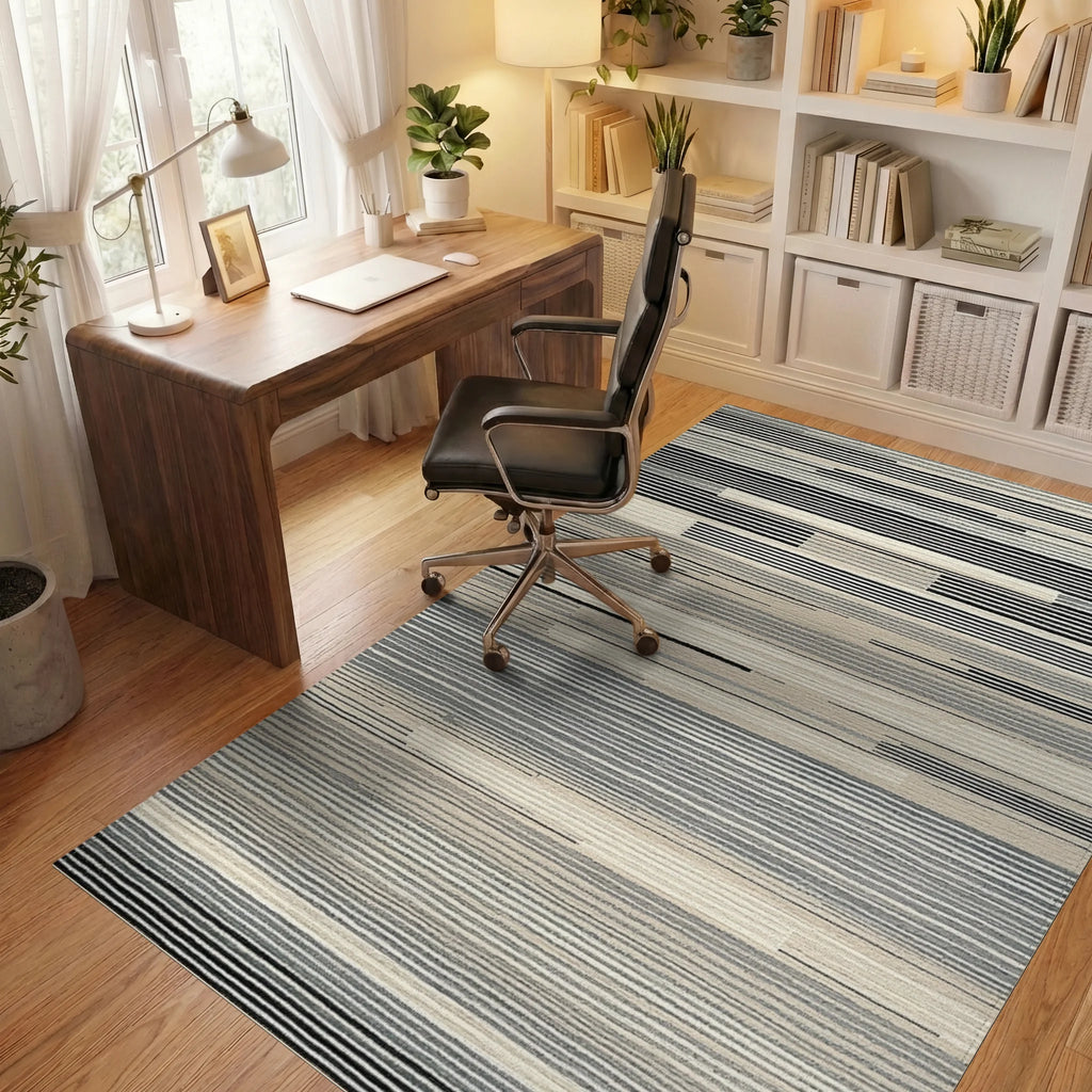 Neutral Abstract Horizontal Stripe Rug - Office View
