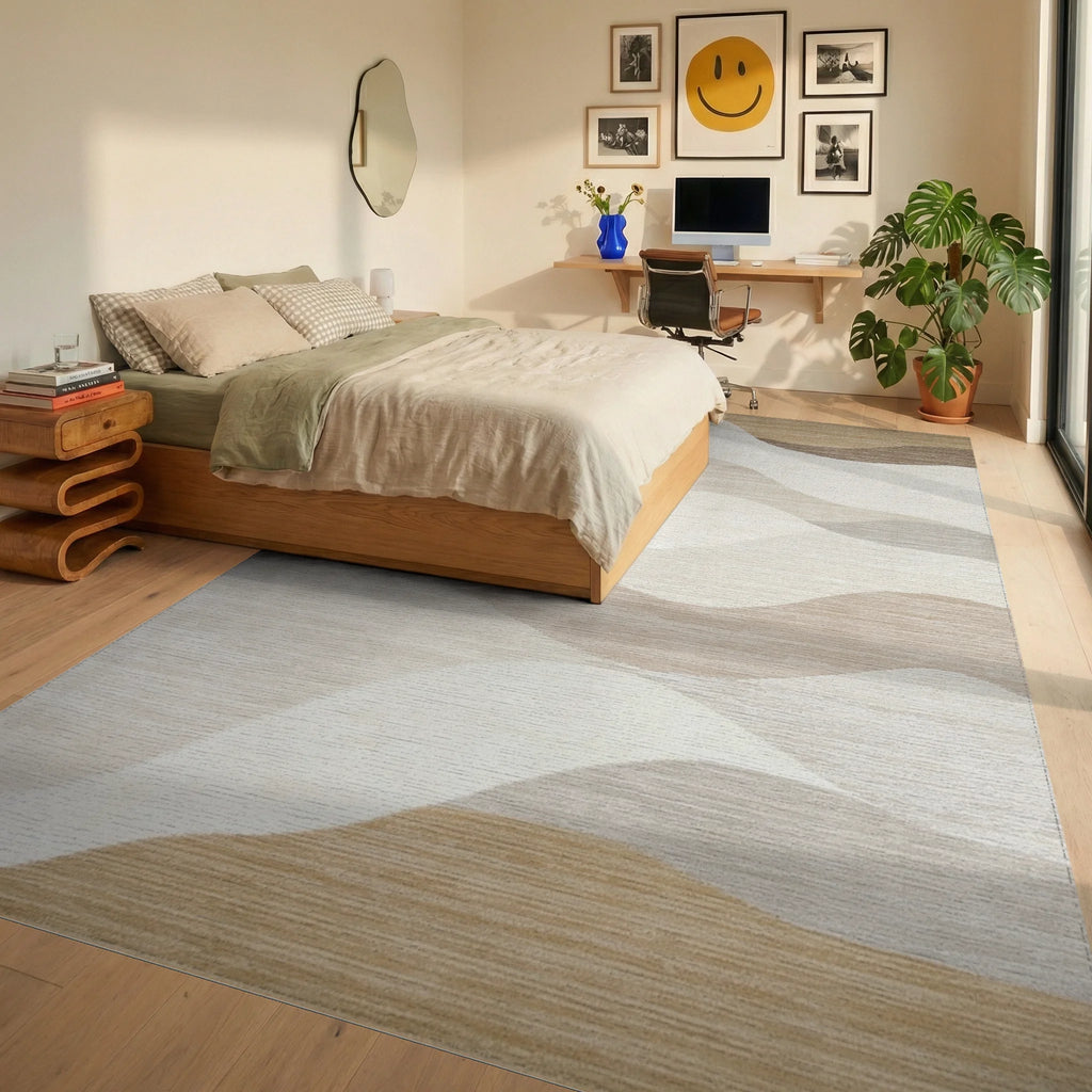 Neutral Abstract Wave Landscape Rug - Bedroom View