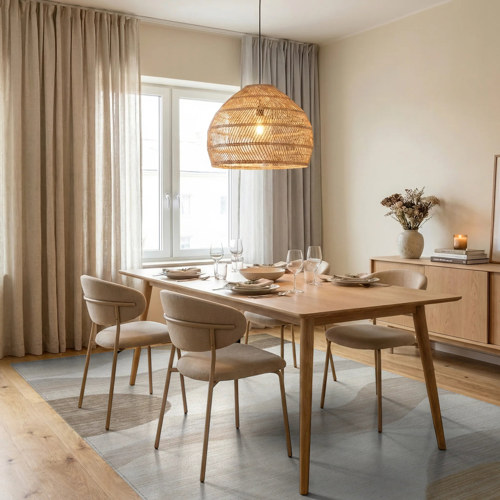 Neutral Abstract Wave Landscape Rug - Dining Room View
