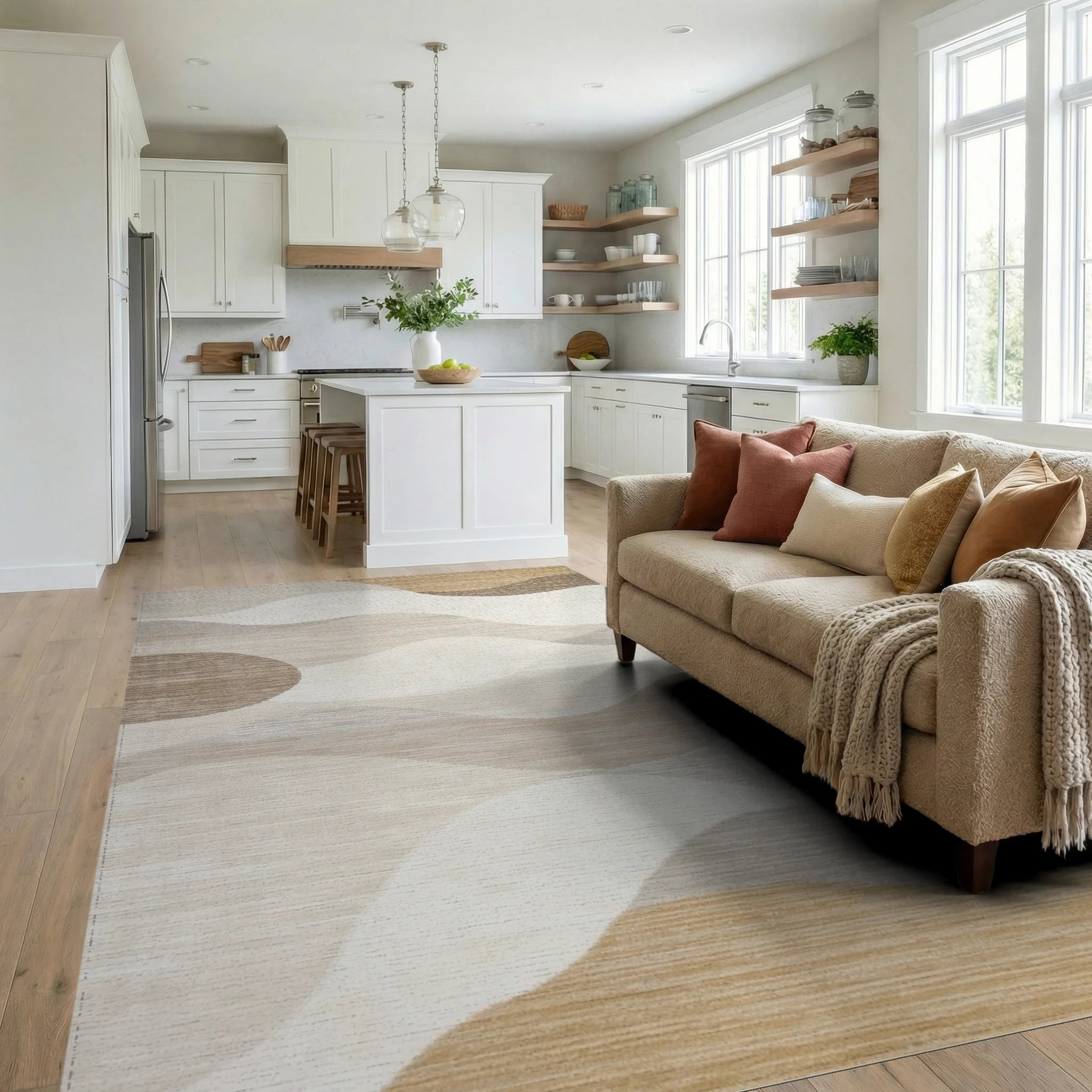 Neutral Abstract Wave Landscape Rug - Living Room View