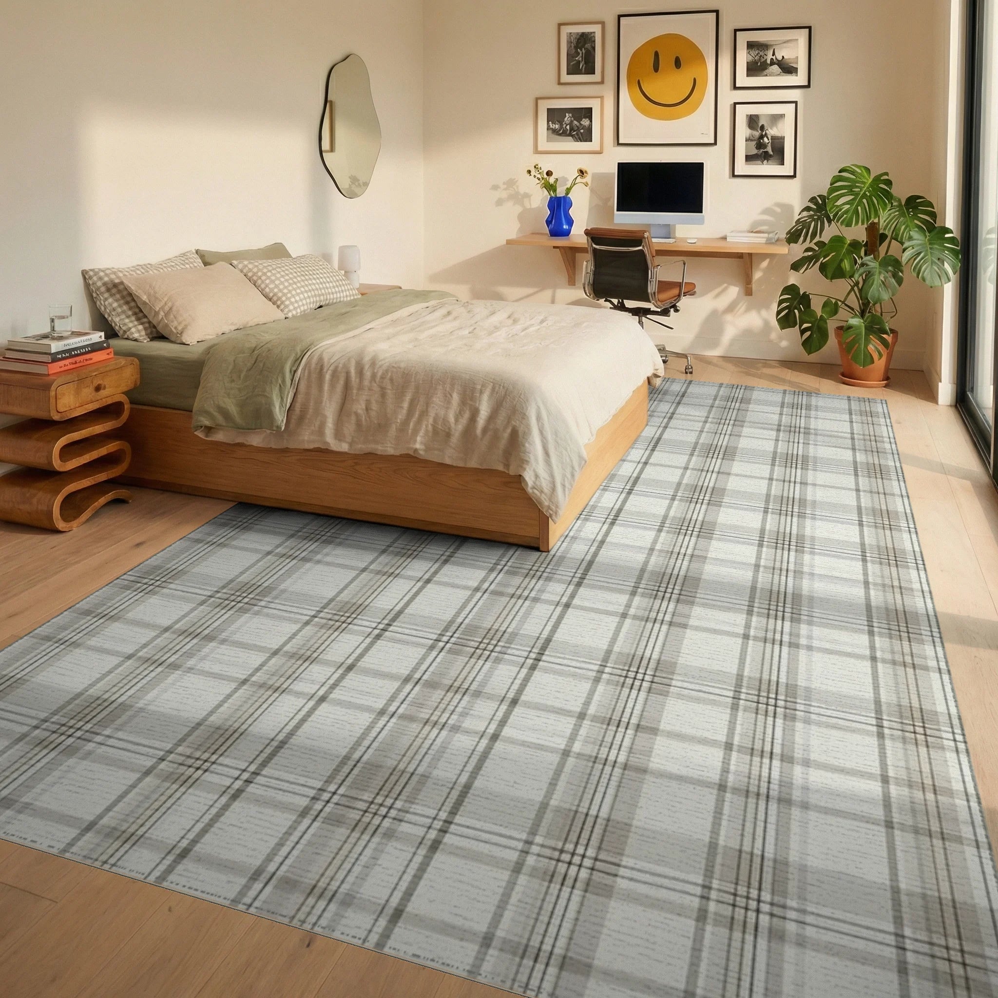 Neutral Beige Plaid Tones Rug - Bedroom View