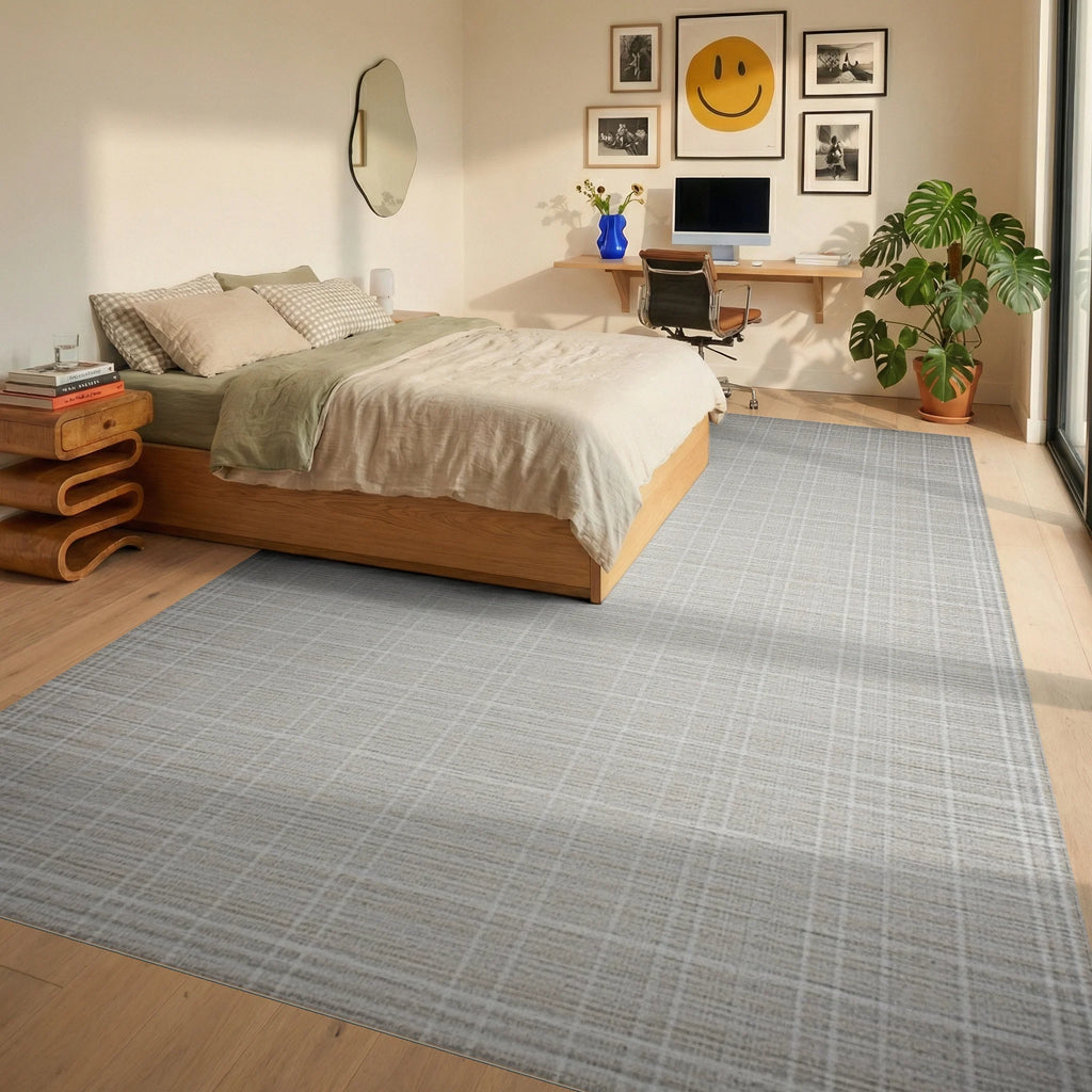 Neutral Beige Subtle Plaid Texture Rug - Bedroom View