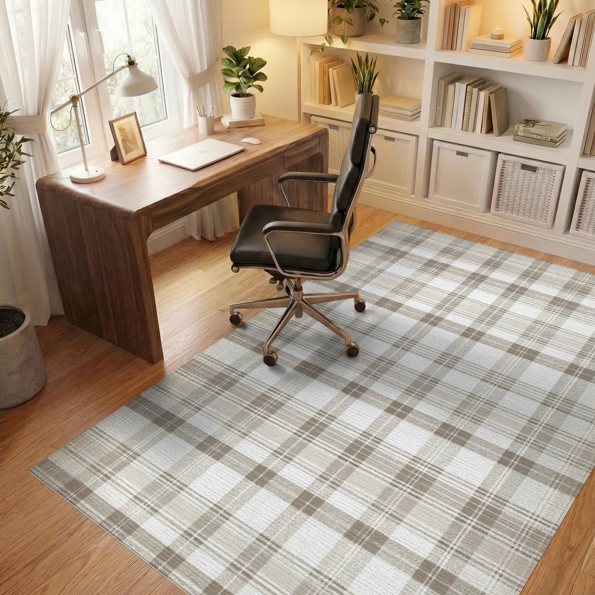 Neutral Beige Tartan Checkered Rug - Office View
