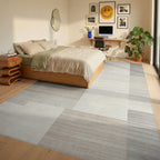 Neutral Beige Textured Block Rug - Bedroom View