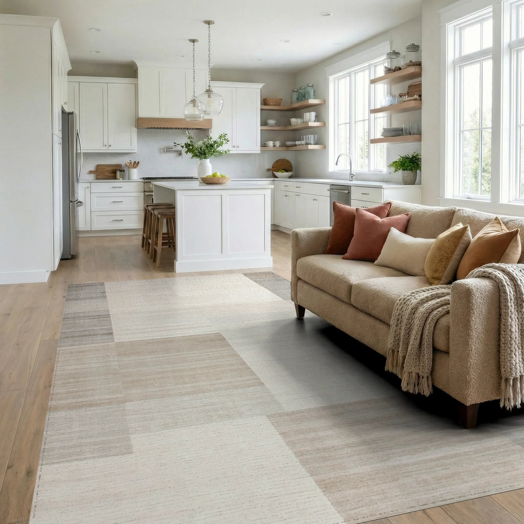 Neutral Beige Textured Block Rug - Living Room View