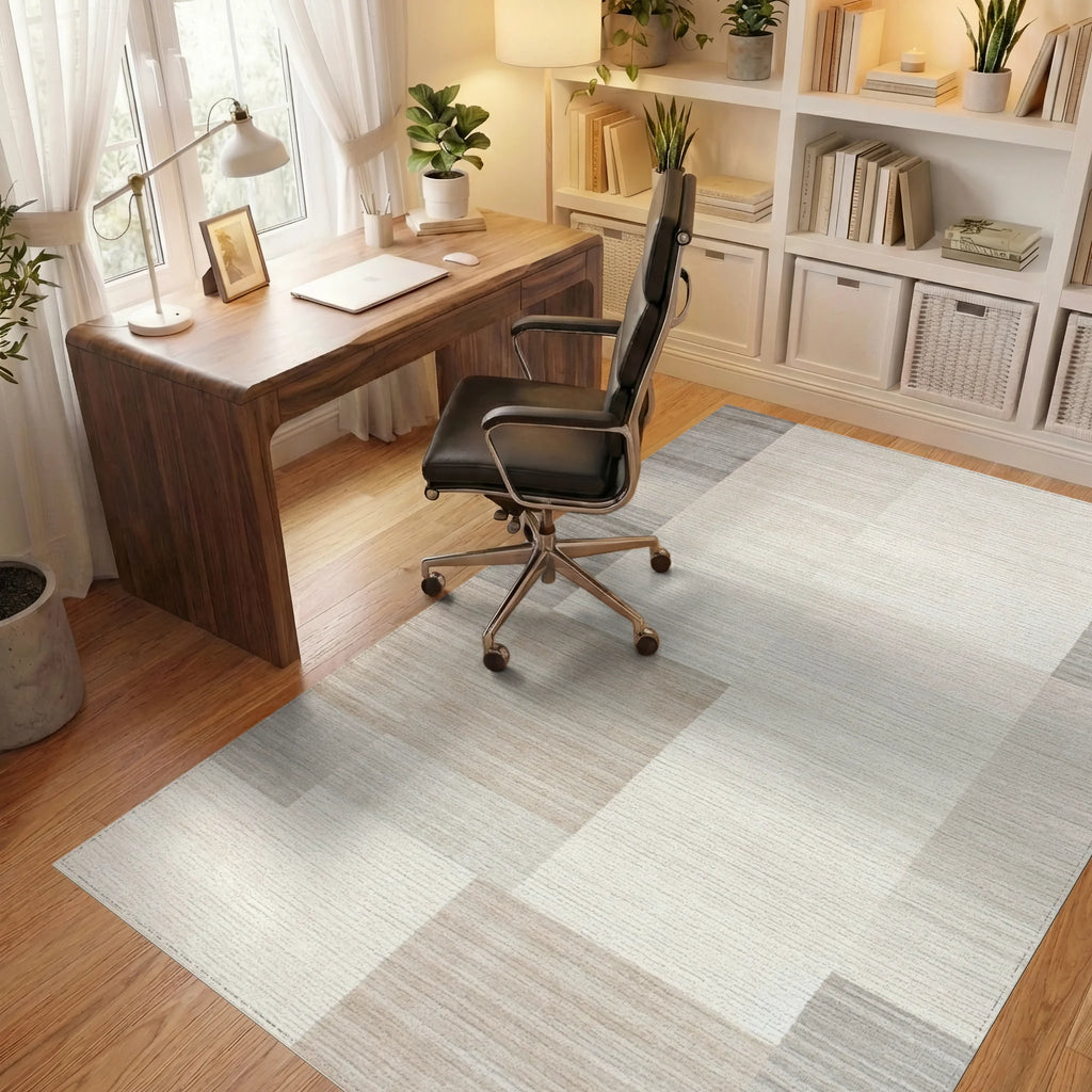 Neutral Beige Textured Block Rug - Office View