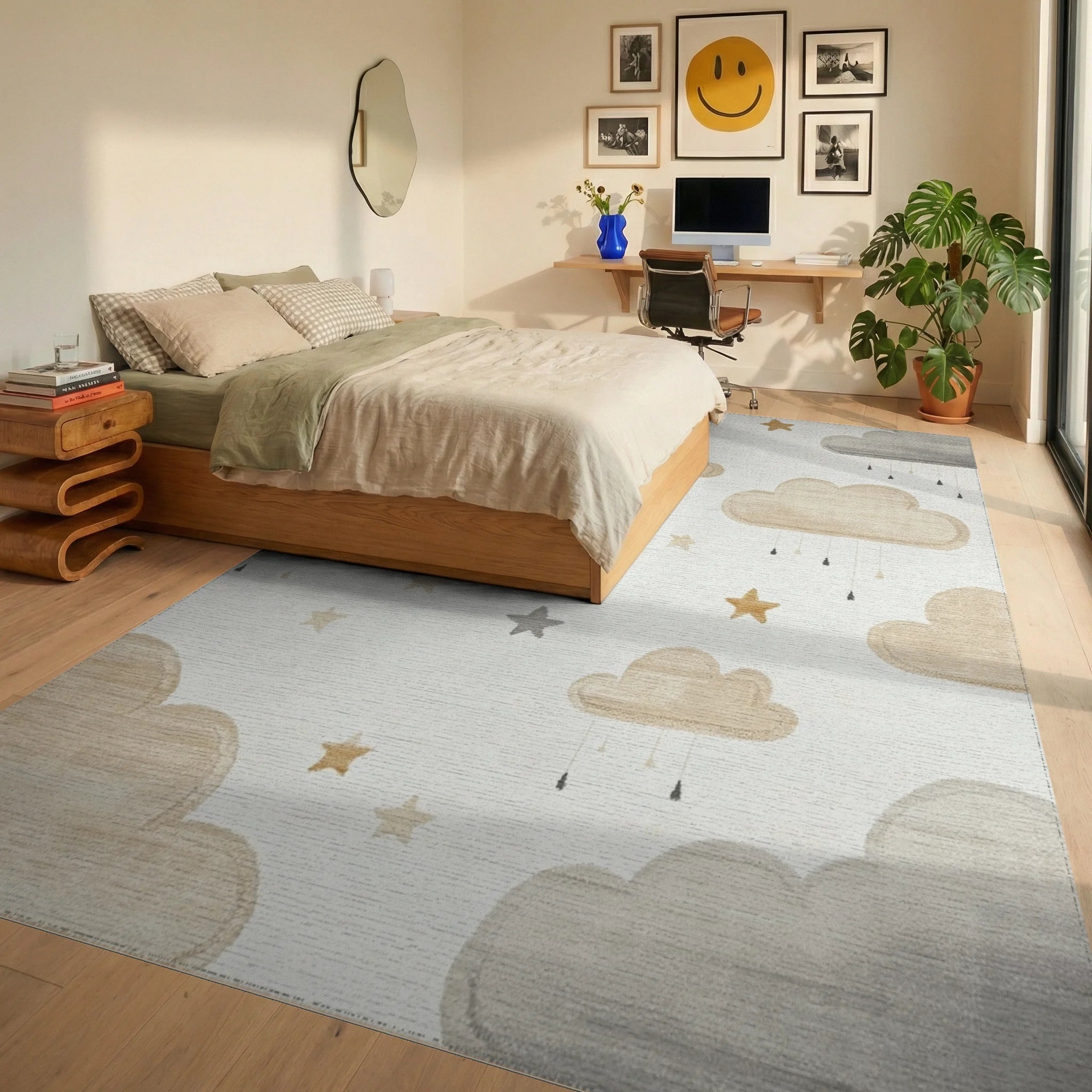Neutral Clouds And Stars Collection Rug - Bedroom View