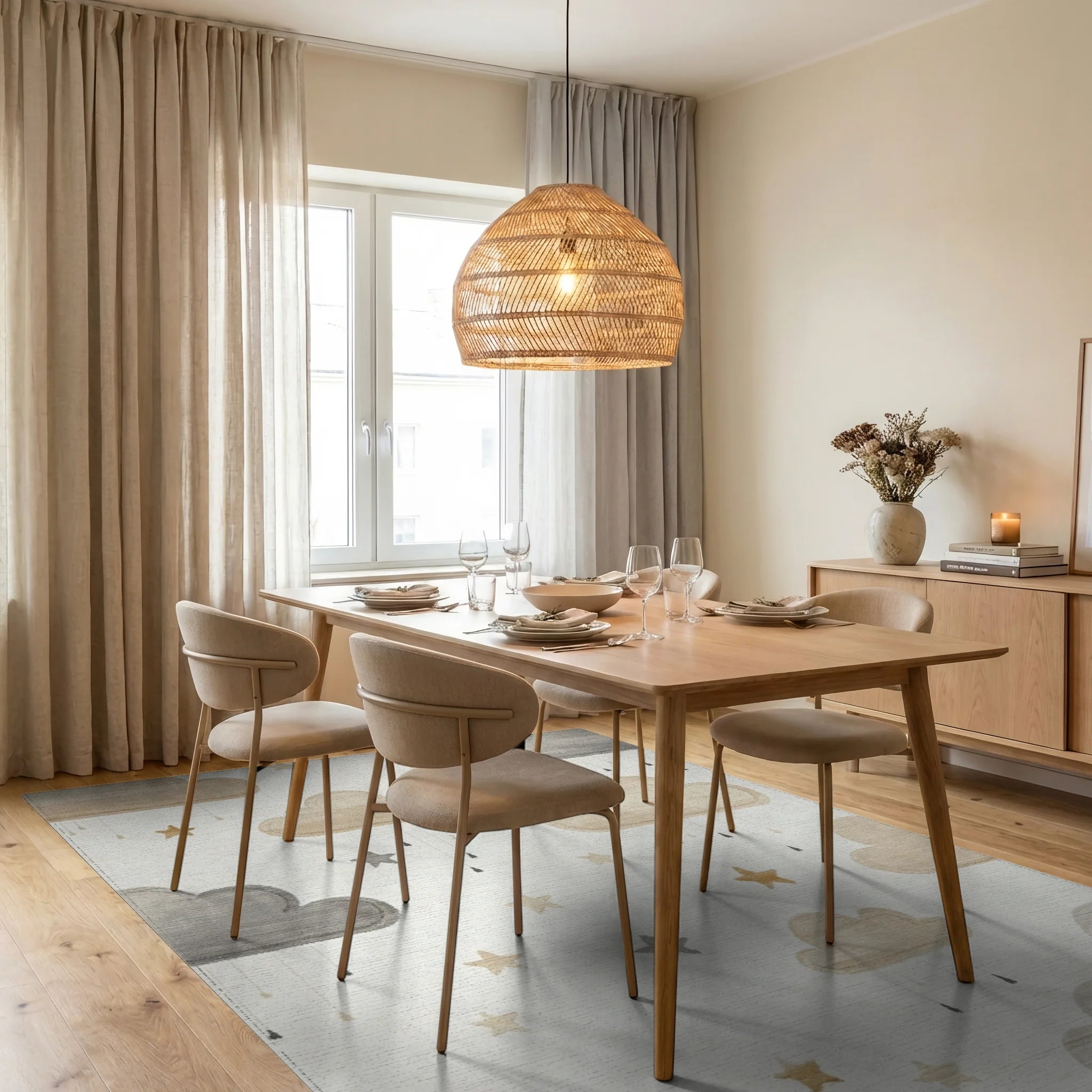 Neutral Clouds And Stars Collection Rug - Dining Room View
