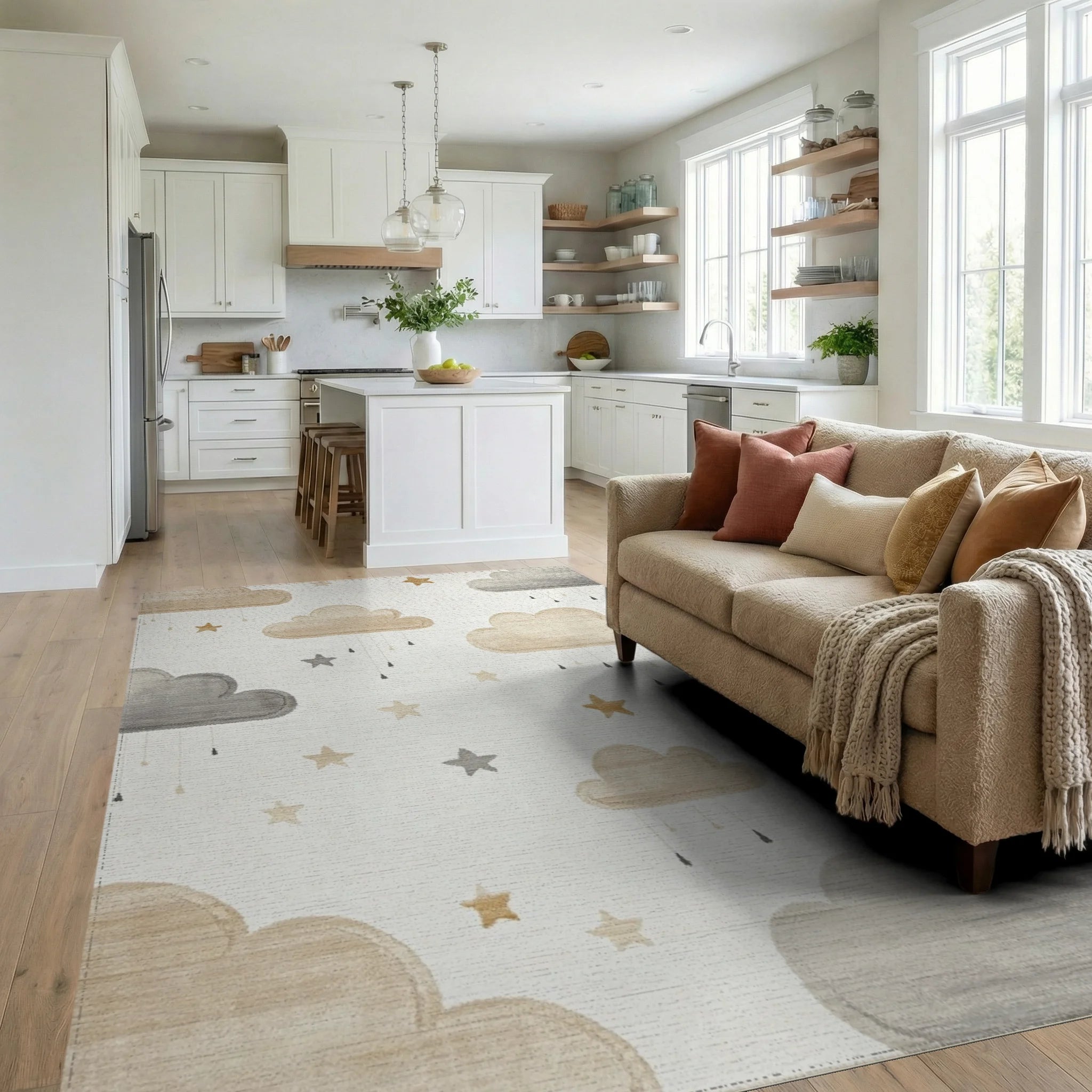 Neutral Clouds And Stars Collection Rug - Living Room View