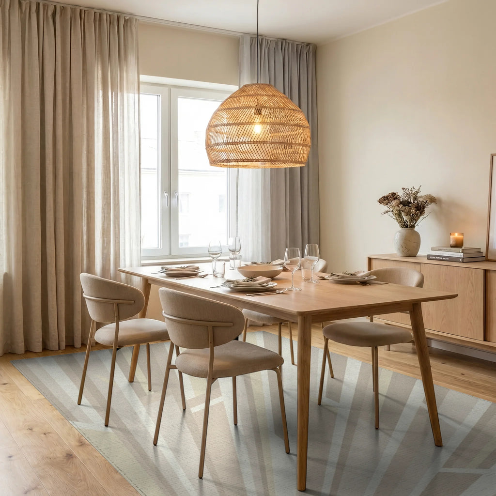 Neutral Cream Ray Geometric Rug Dining Room View