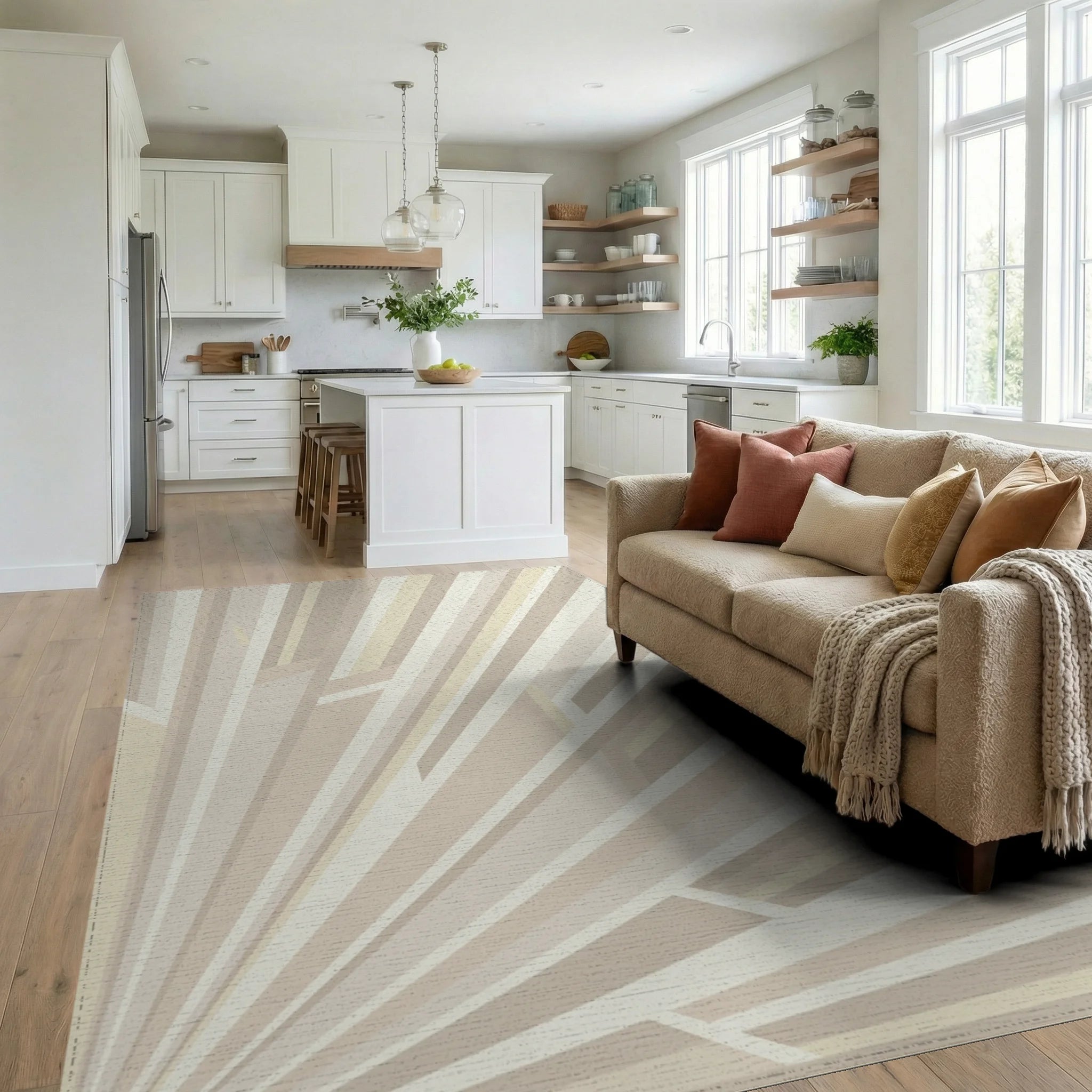 Neutral Cream Ray Geometric Rug Living Room View