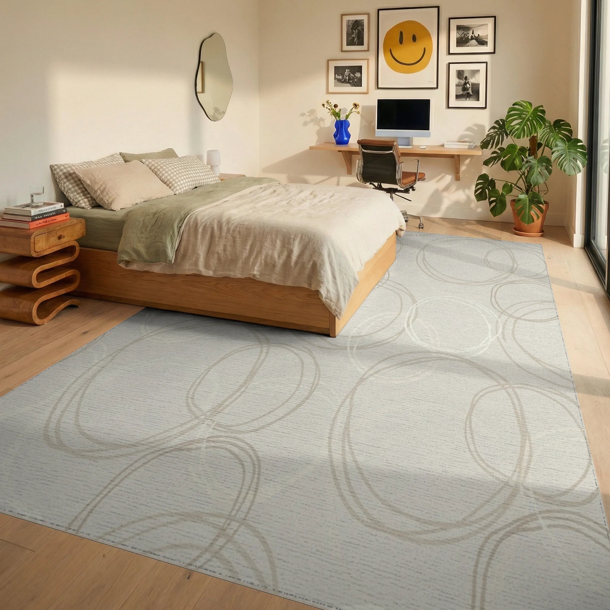 Neutral Cream Scribbled Circles Rug Bedroom View