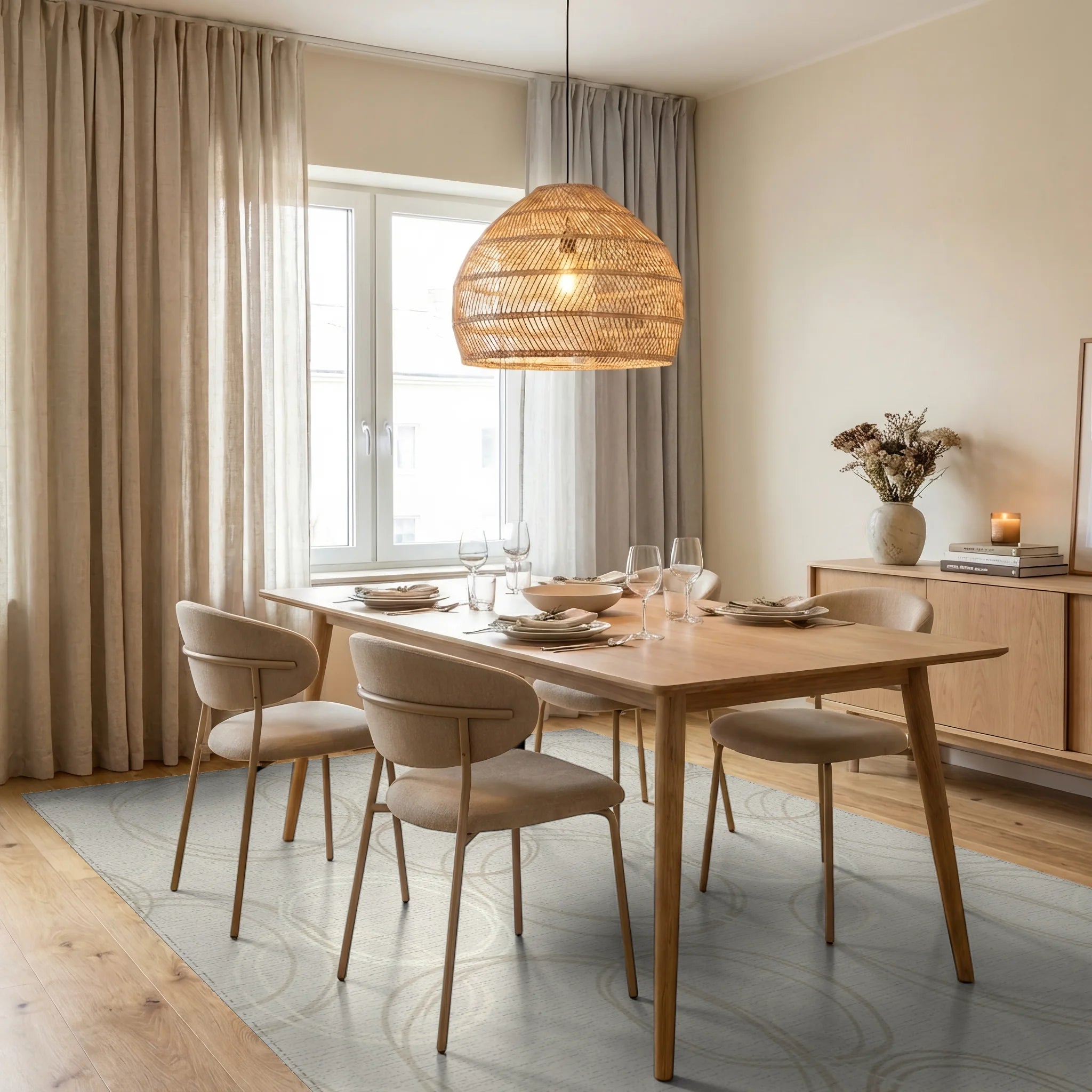 Neutral Cream Scribbled Circles Rug Dining Room View