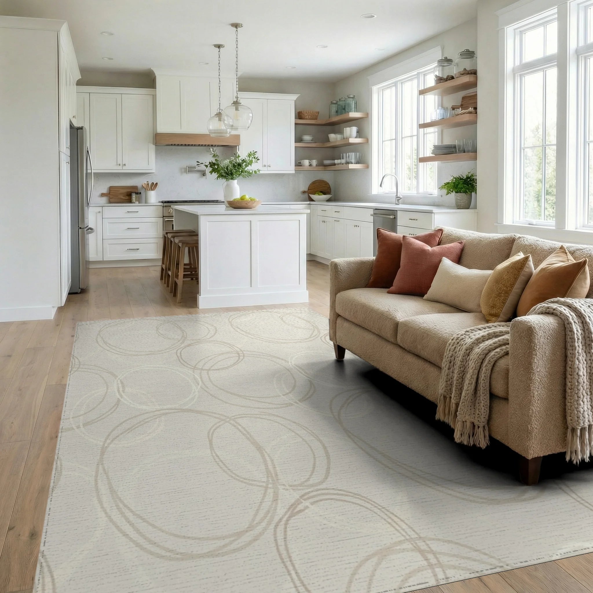 Neutral Cream Scribbled Circles Rug Living Room View