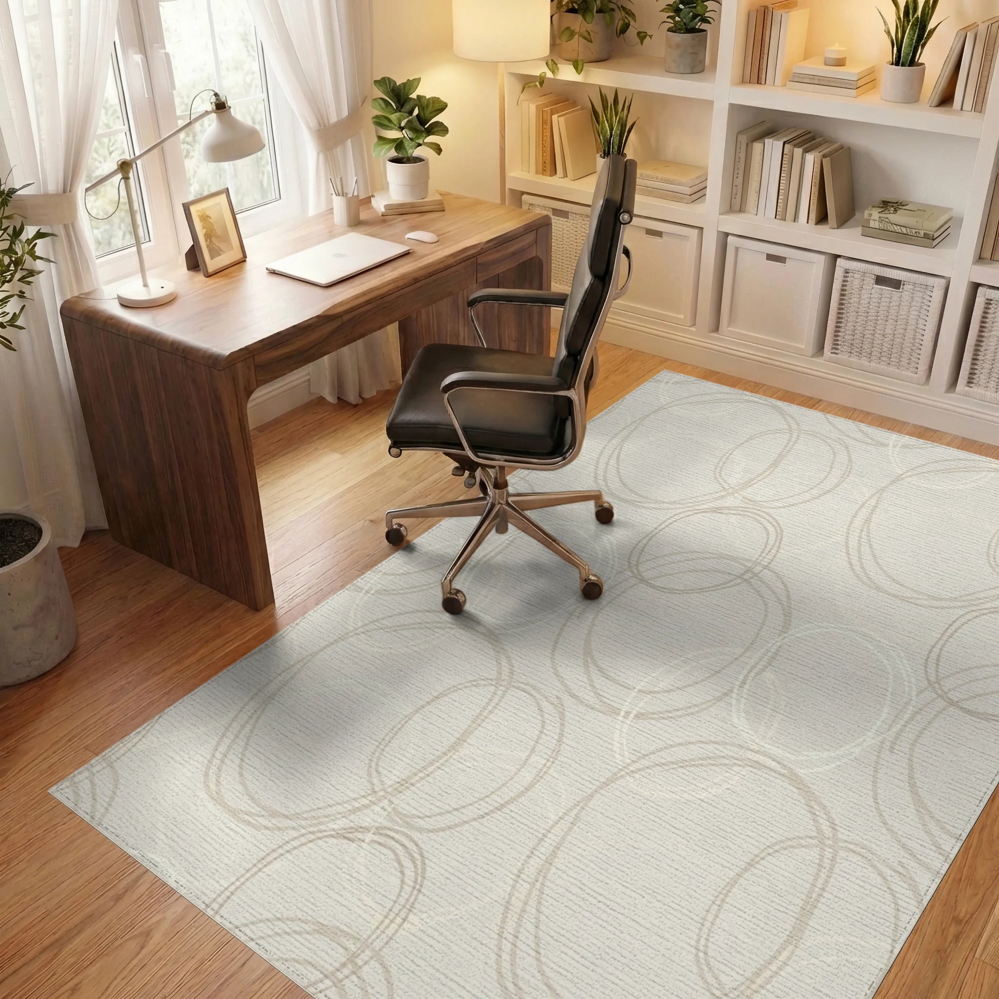 Neutral Cream Scribbled Circles Rug Office View