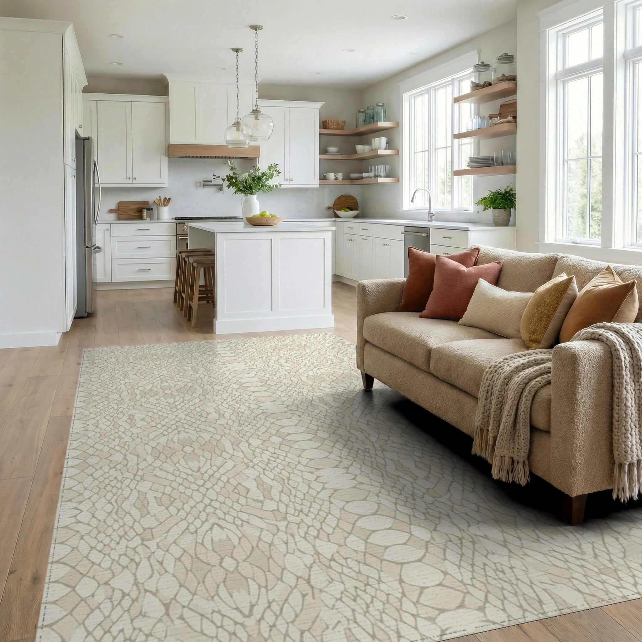 Neutral Cream Snake Skin Texture Rug Living Room View