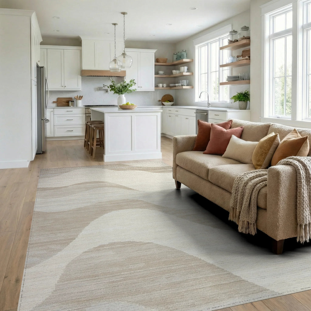 Neutral Cream Wave Abstract Rug - Living Room View