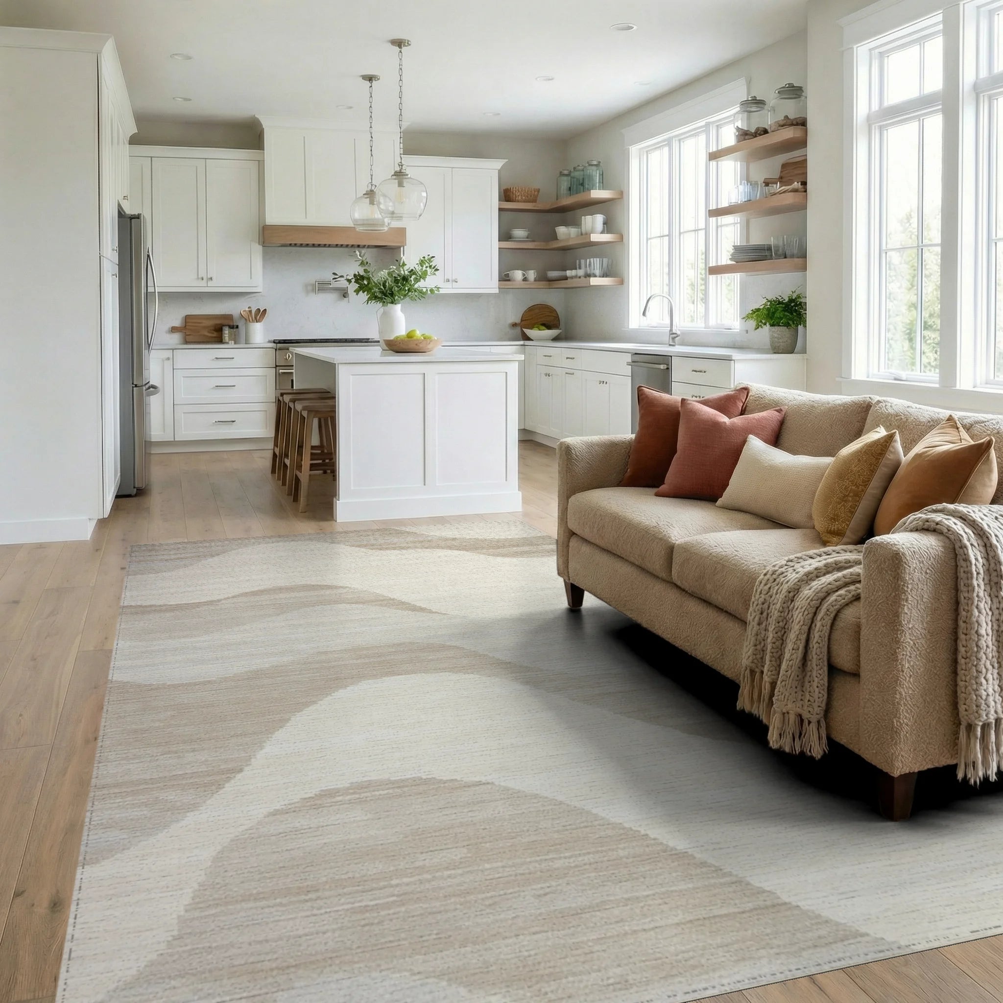 Neutral Cream Wave Abstract Rug - Living Room View