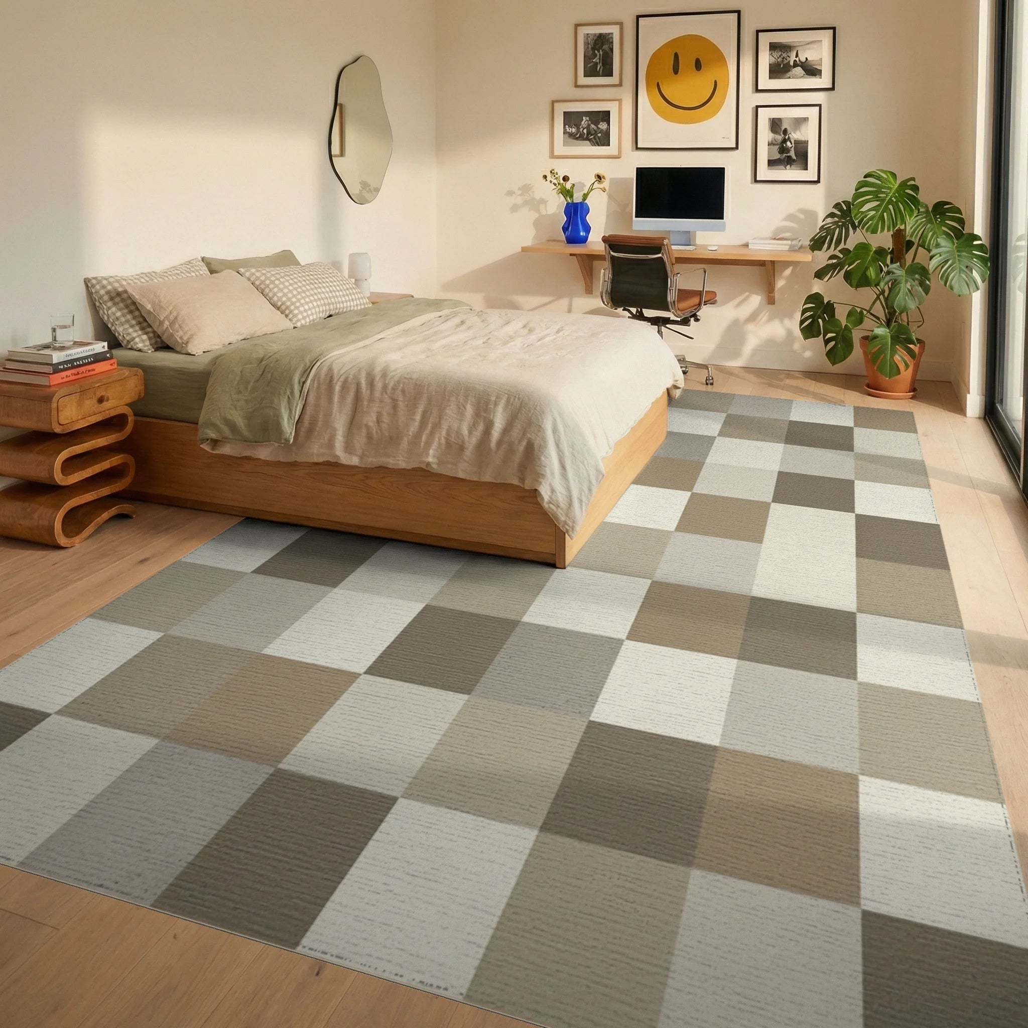Neutral Earth Tone Block Grid Rug Bedroom View