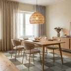 Neutral Earth Tone Block Grid Rug Dining Room View