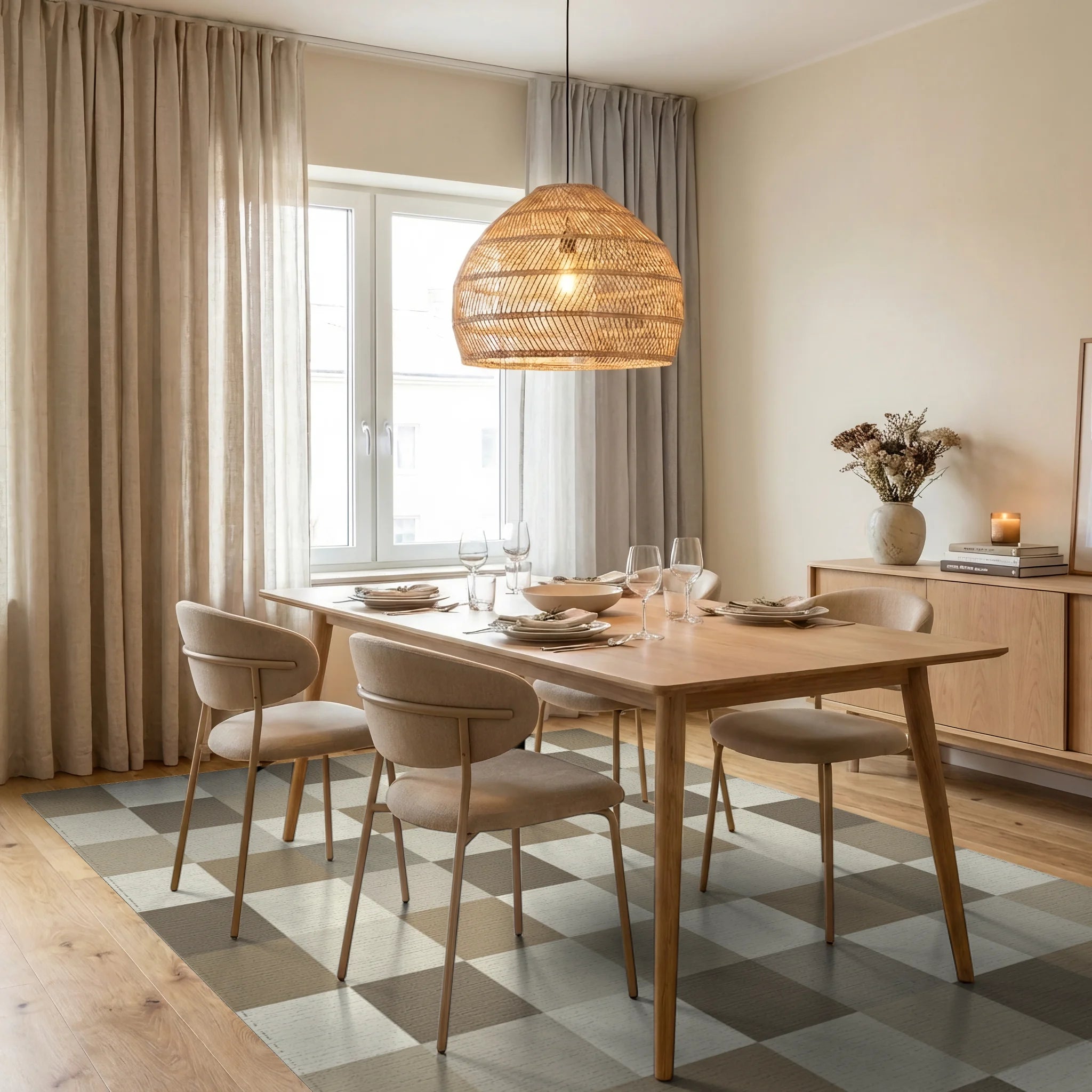 Neutral Earth Tone Block Grid Rug Dining Room View