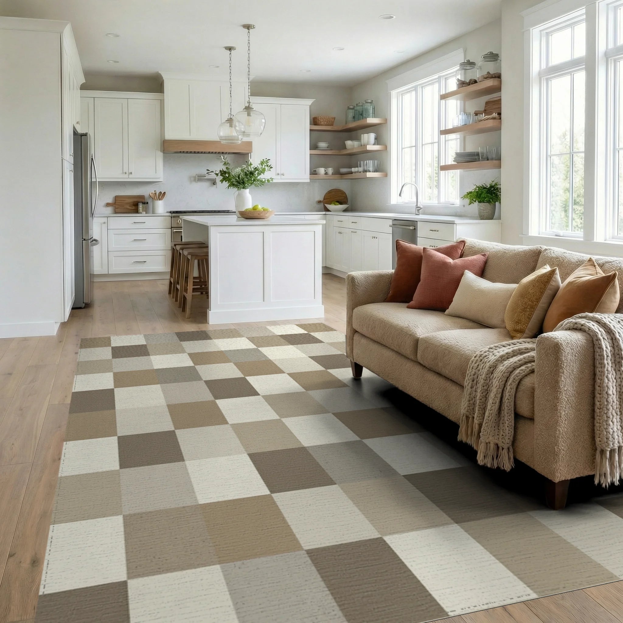 Neutral Earth Tone Block Grid Rug Living Room View