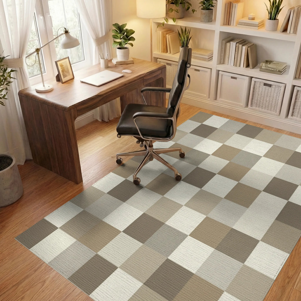 Neutral Earth Tone Block Grid Rug Office View