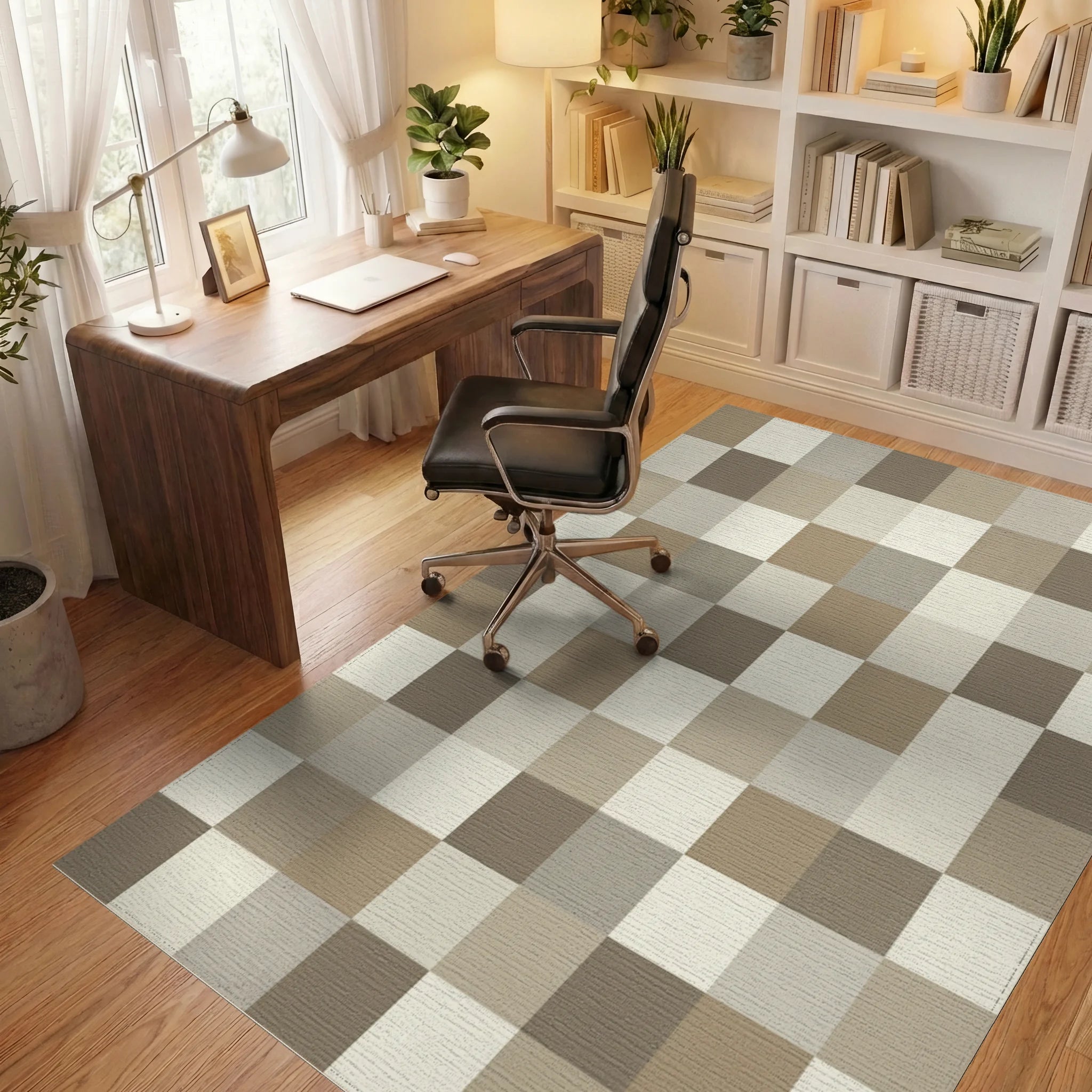 Neutral Earth Tone Block Grid Rug Office View