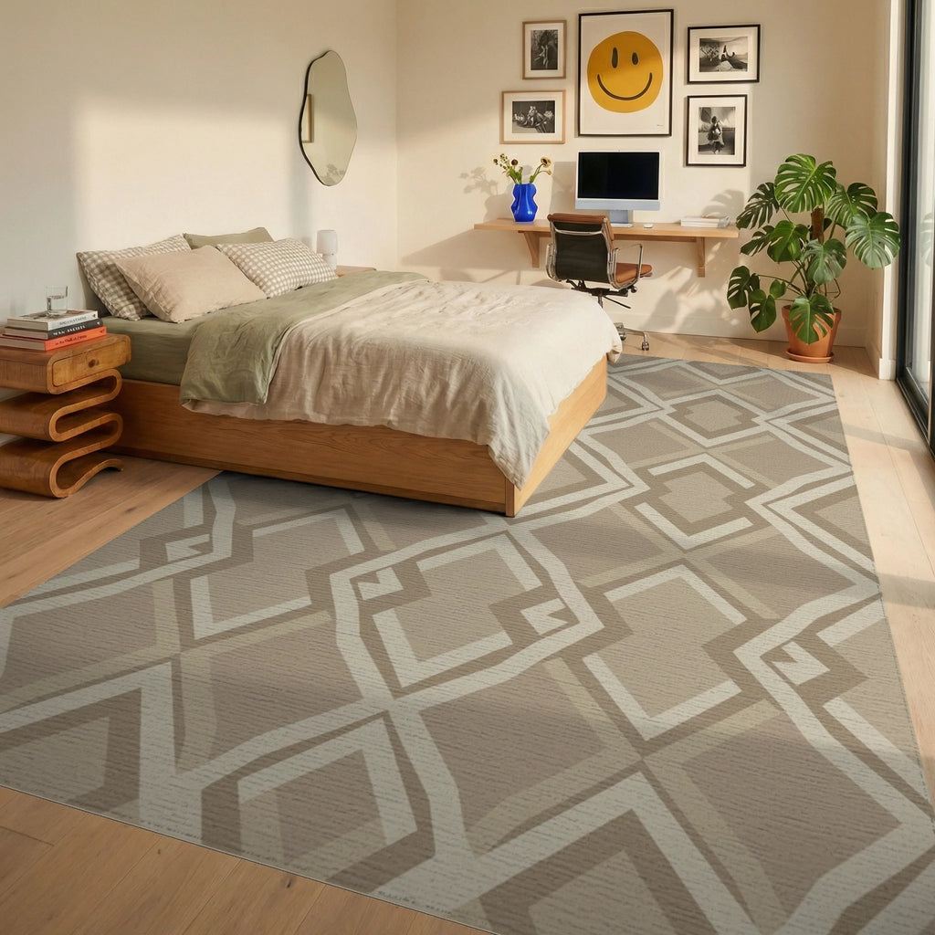 Neutral Earth Tone Diamond Geo Rug Bedroom View